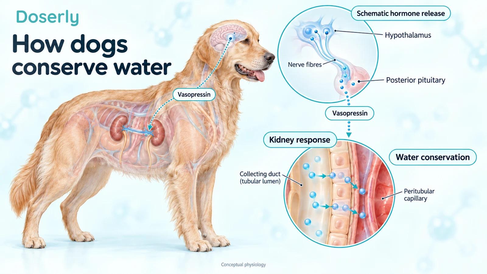 A dog with schematic hormone-release and kidney insets showing vasopressin signalling and water conservation.