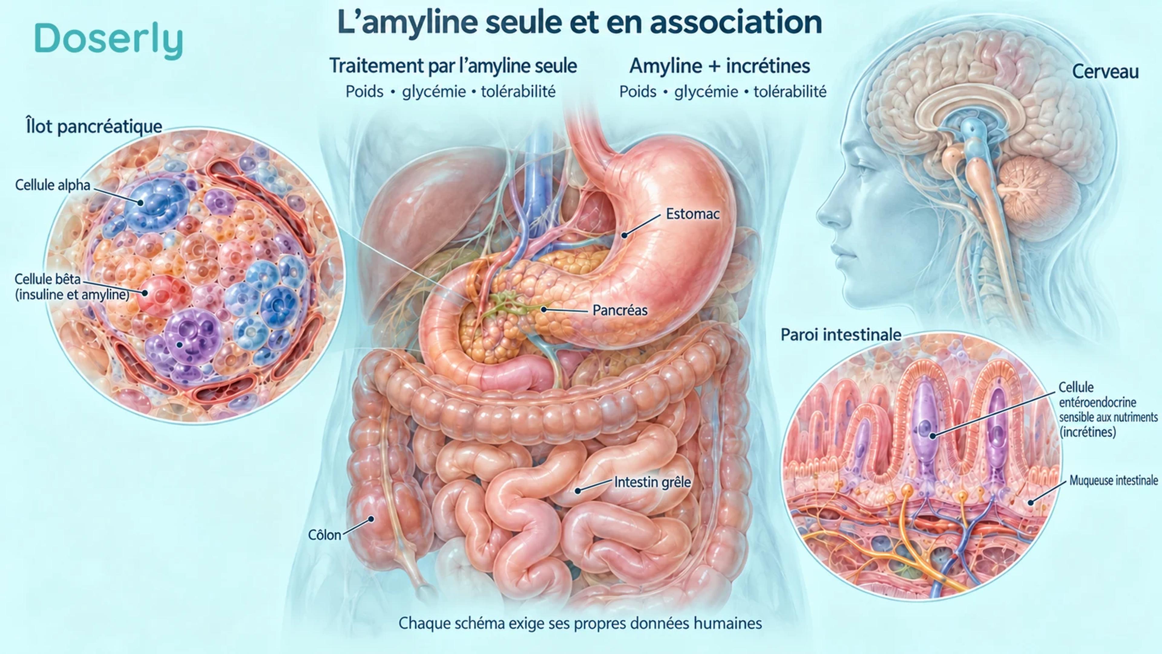 Une anatomie détaillée du système digestif et du pancréas accompagne les questions de recherche distinctes sur les monothérapies et les associations ciblant l’amyline.