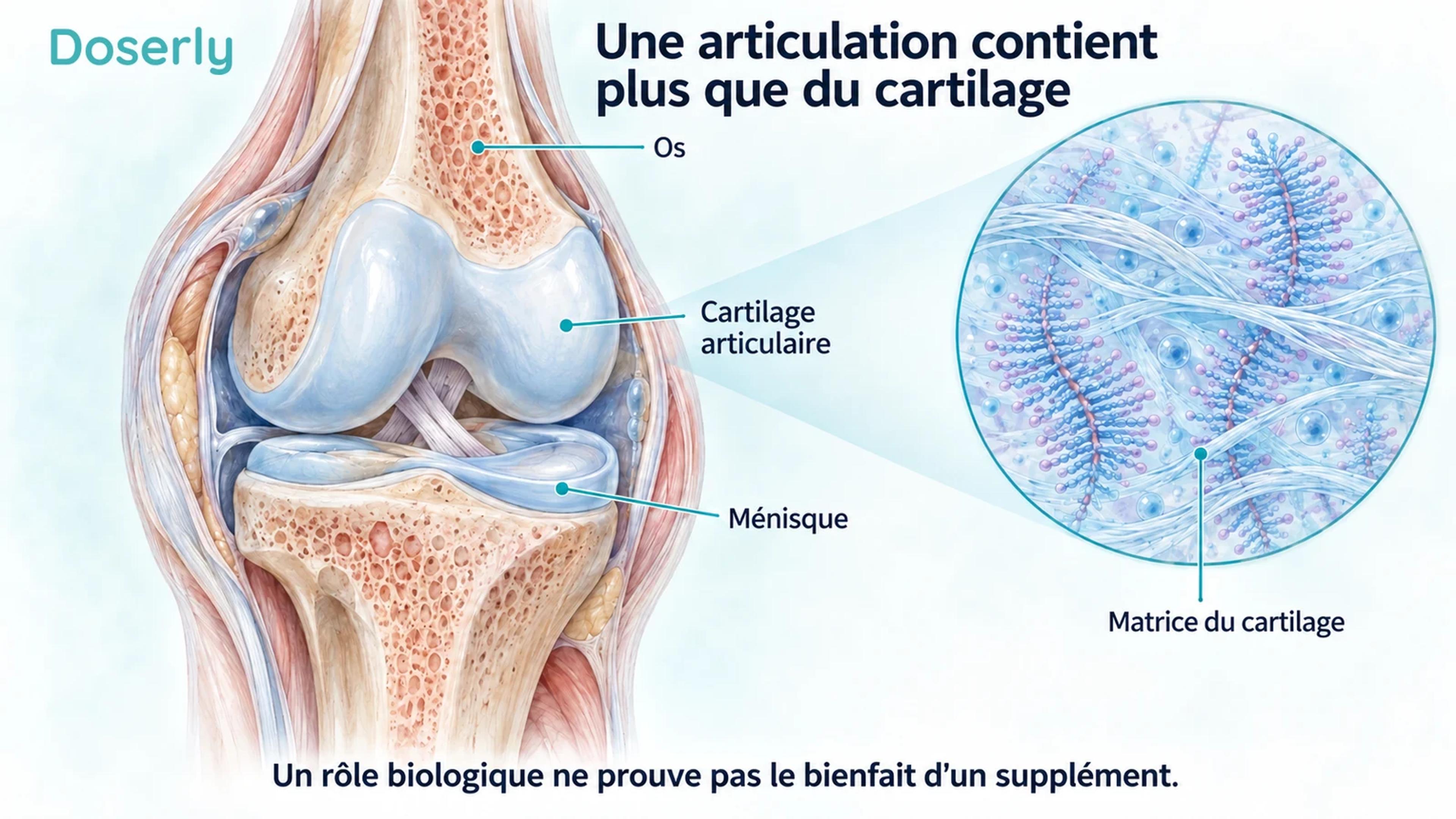 Une coupe détaillée du genou montre le cartilage articulaire, le ménisque et l’os à côté d’une représentation conceptuelle de la matrice du cartilage.