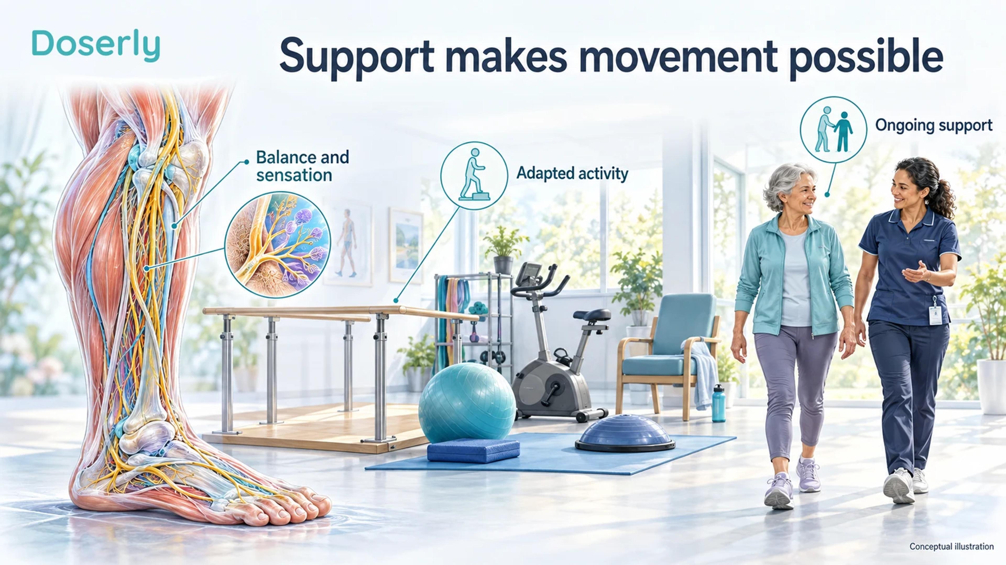 Lower-limb nerve anatomy beside an adapted rehabilitation space and a patient walking with professional support.
