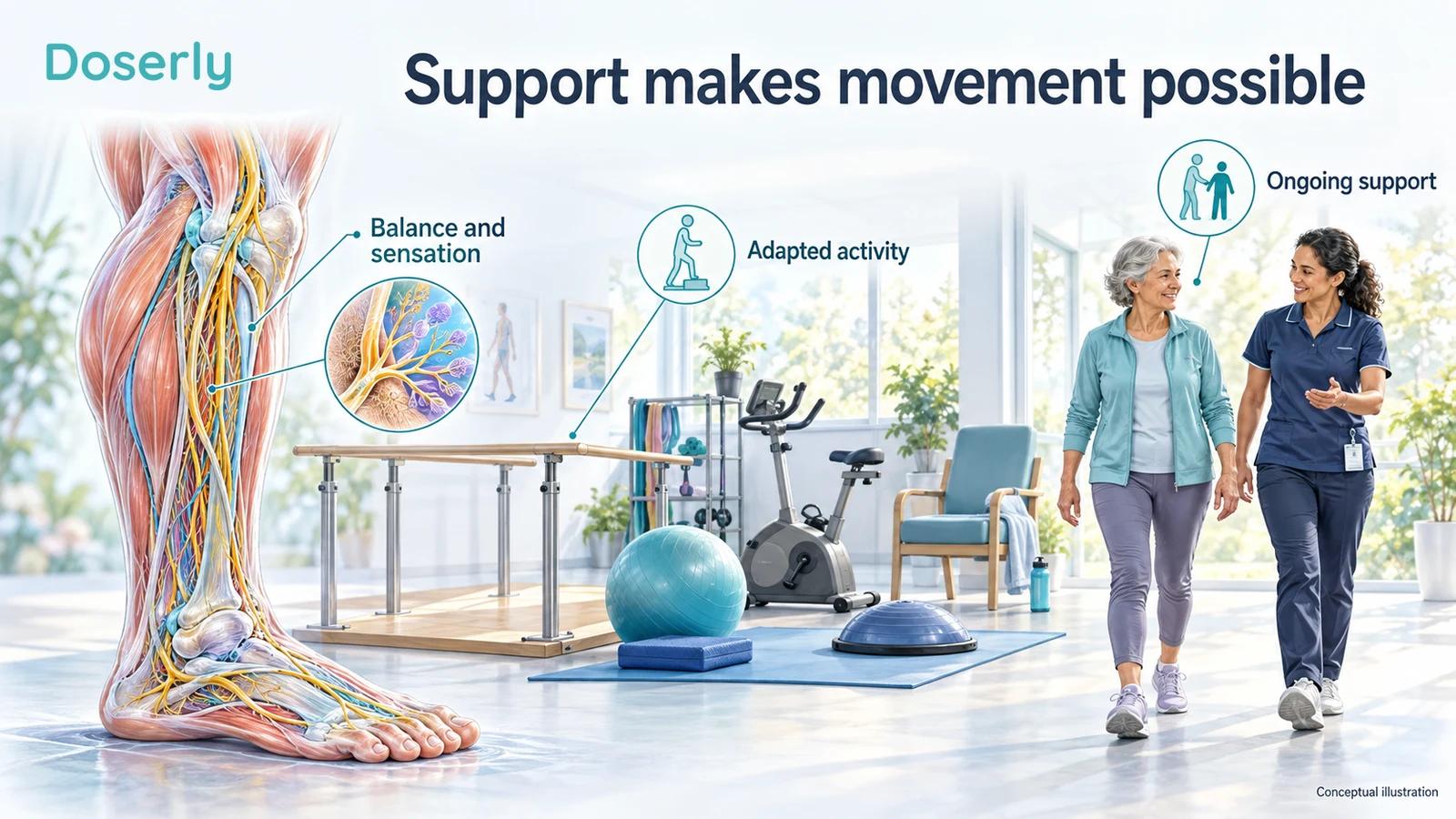 Lower-limb nerve anatomy beside an adapted rehabilitation space and a patient walking with professional support.