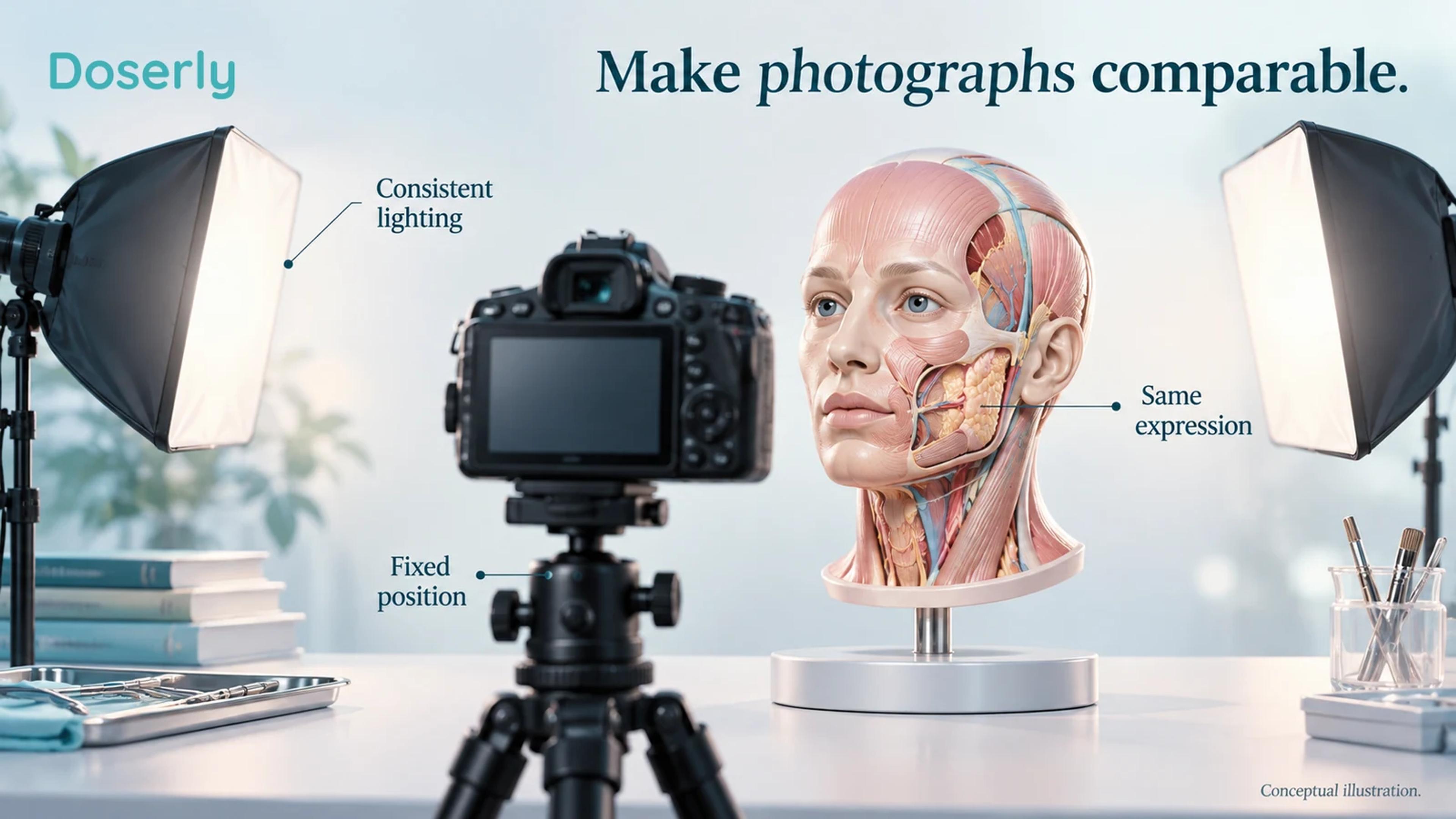 A fixed camera, symmetrical lamps and a single neutral anatomical head model illustrate consistent photographic assessment.