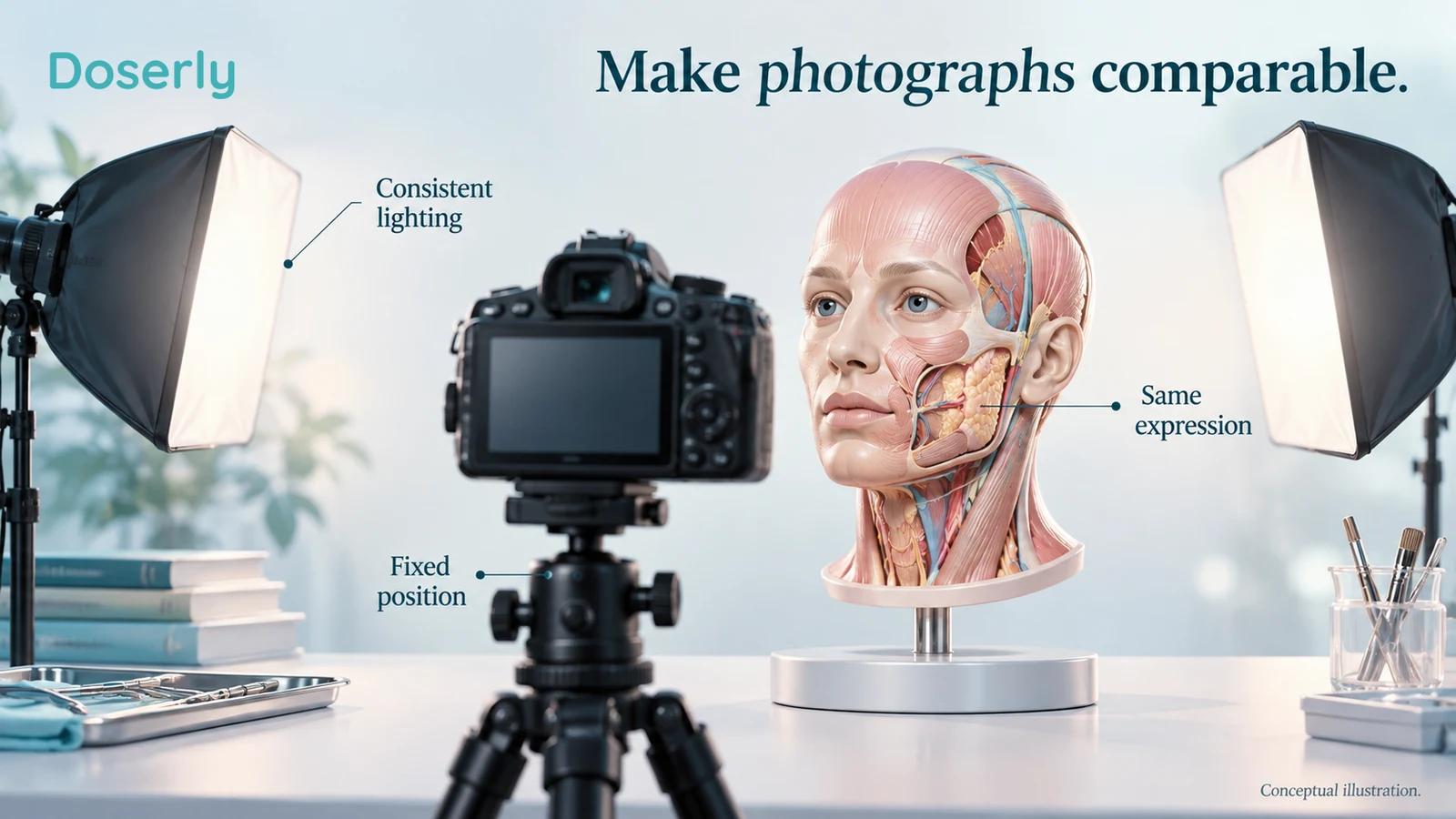 A fixed camera, symmetrical lamps and a single neutral anatomical head model illustrate consistent photographic assessment.