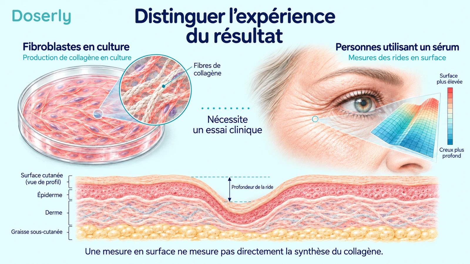Fibroblastes en culture et fibres de collagène présentés séparément de la mesure optique d’une ride du visage