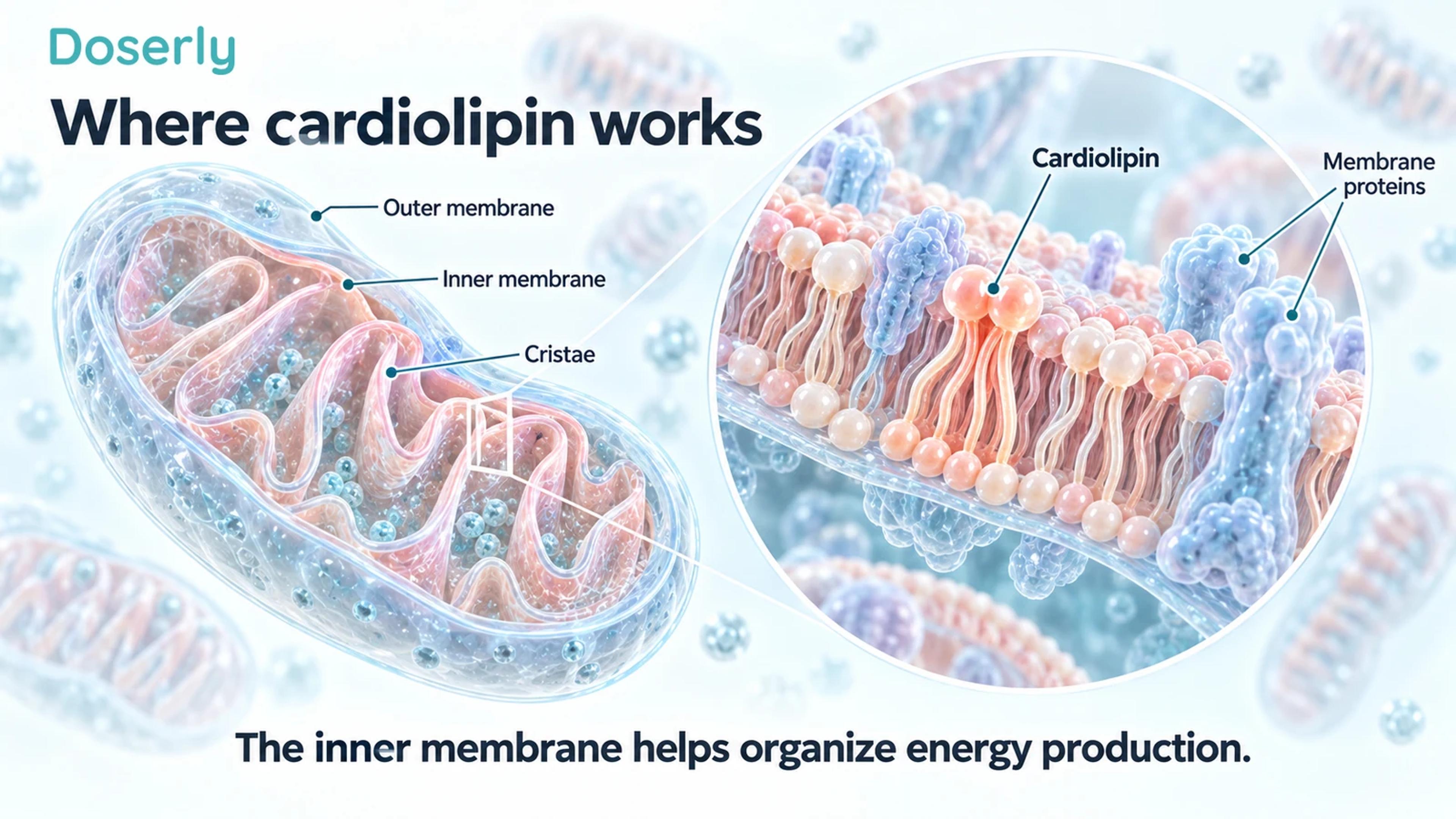 Detailed cutaway mitochondrion showing its outer membrane, folded inner membrane and conceptual cardiolipin-containing bilayer.