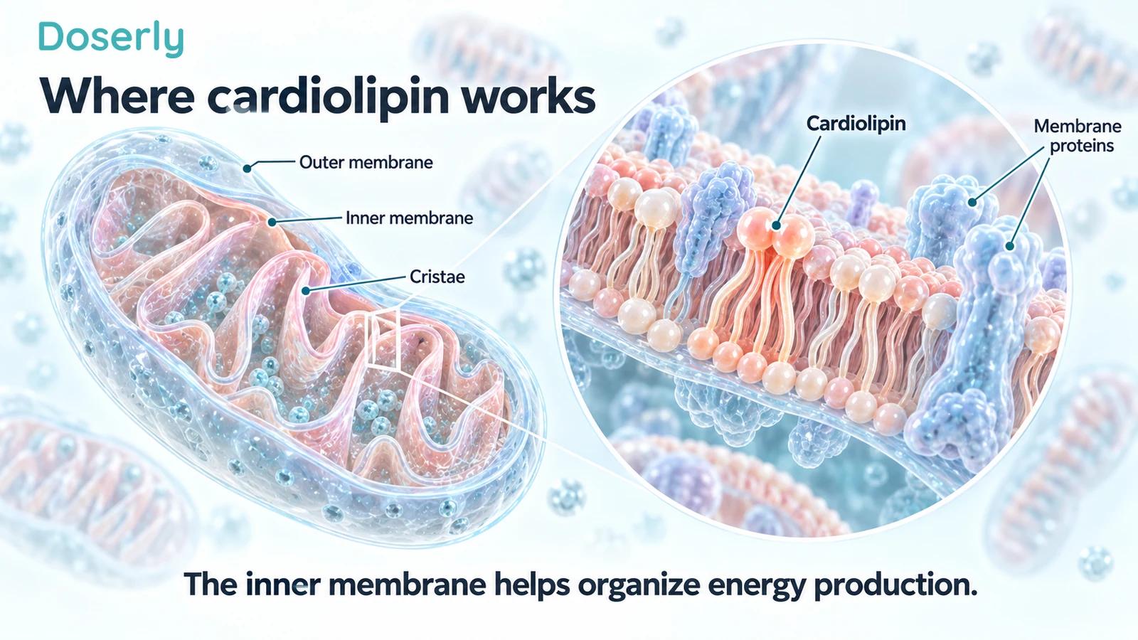 Detailed cutaway mitochondrion showing its outer membrane, folded inner membrane and conceptual cardiolipin-containing bilayer.