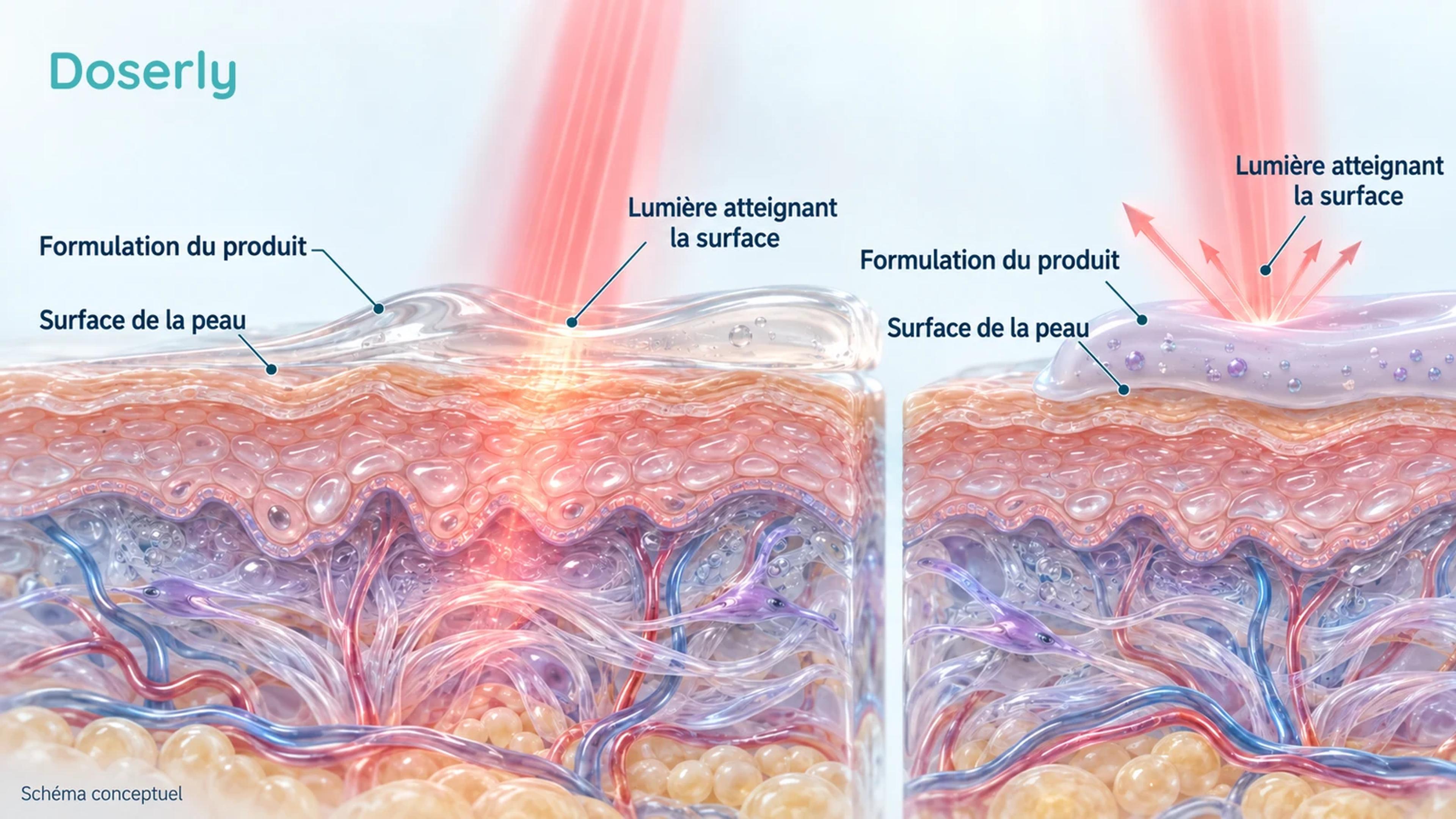 Illustration schématique de la surface de la peau montrant des formulations cosmétiques et la lumière en surface, sans allégation chiffrée sur la pénétration.