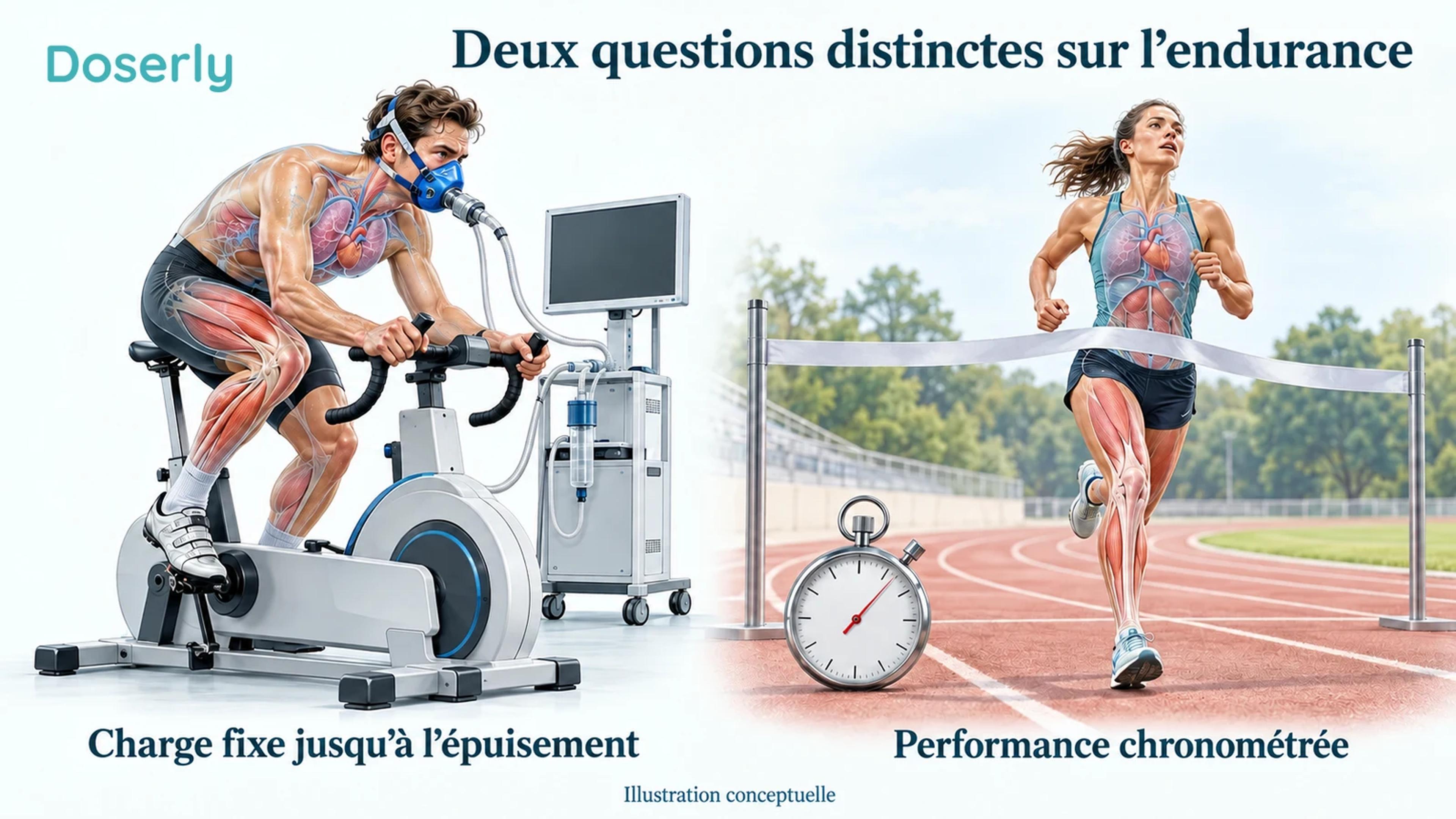 Illustration conceptuelle d’un cycliste sur un ergomètre de laboratoire à côté d’un coureur sur une piste extérieure, avec des instruments de chronométrage distincts sans chiffres.