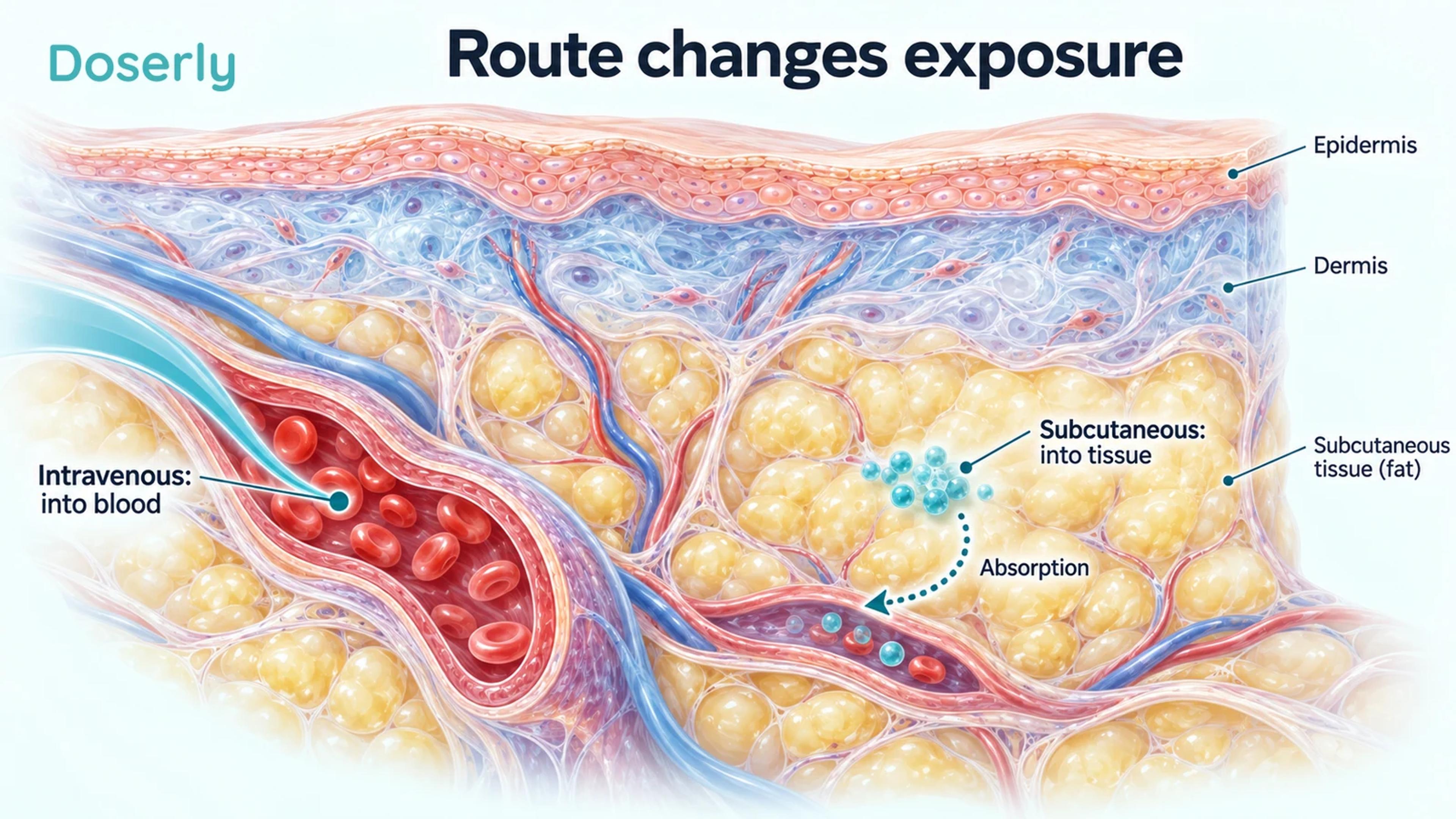 An illustrated superficial vein and skin cross-section show intravenous delivery into blood and subcutaneous delivery into tissue before absorption.