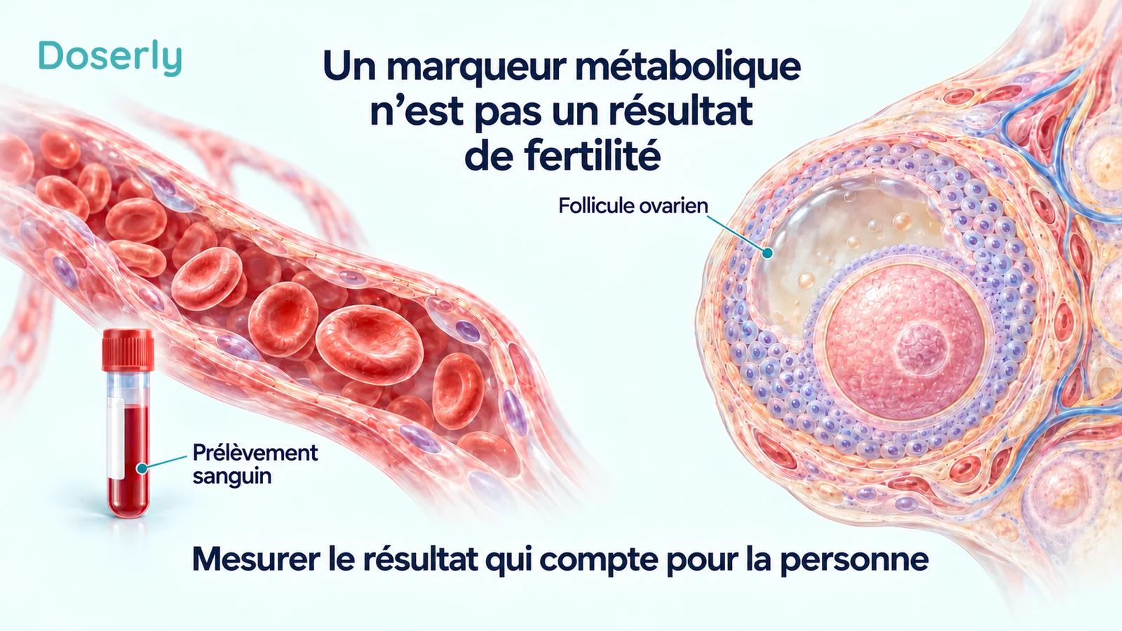 Illustrations distinctes d’un prélèvement sanguin et d’un vaisseau sanguin à côté d’un follicule ovarien, distinguant les mesures métaboliques des résultats reproductifs