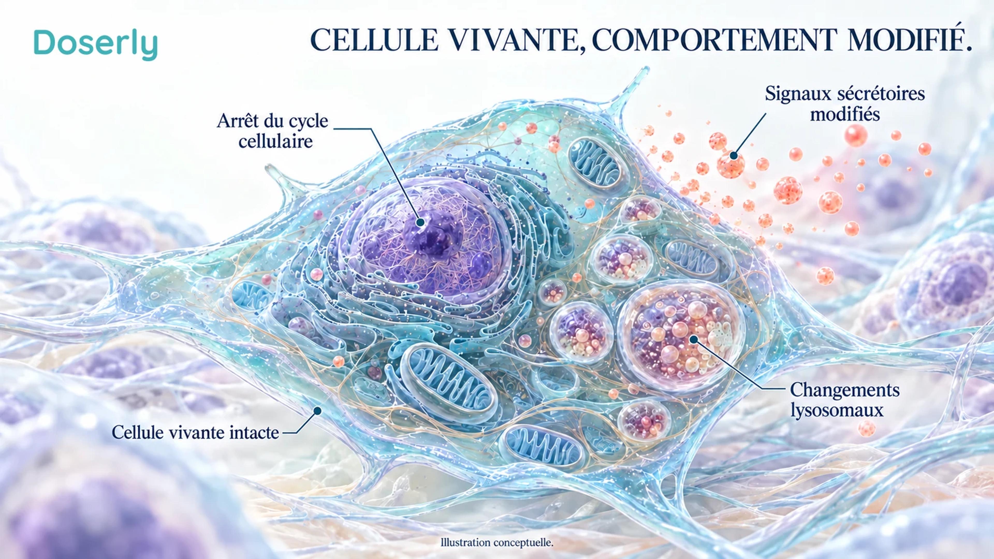 Cellule sénescente translucide avec une membrane intacte, une division arrêtée, des lysosomes élargis et des signaux sécrétés qui atteignent les tissus voisins