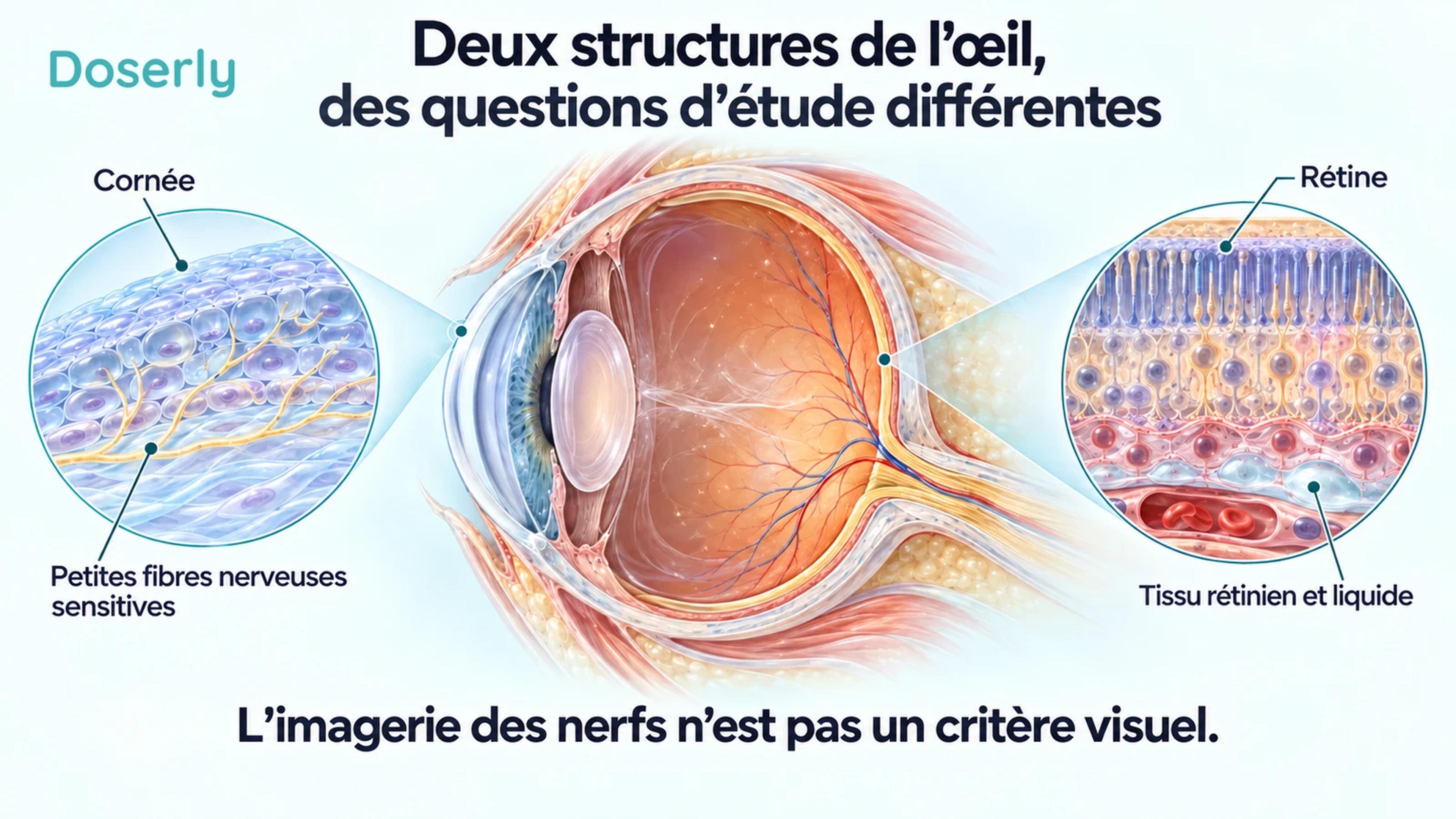 Vue en coupe de l’œil avec des agrandissements distincts des nerfs sensitifs cornéens et du tissu rétinien.