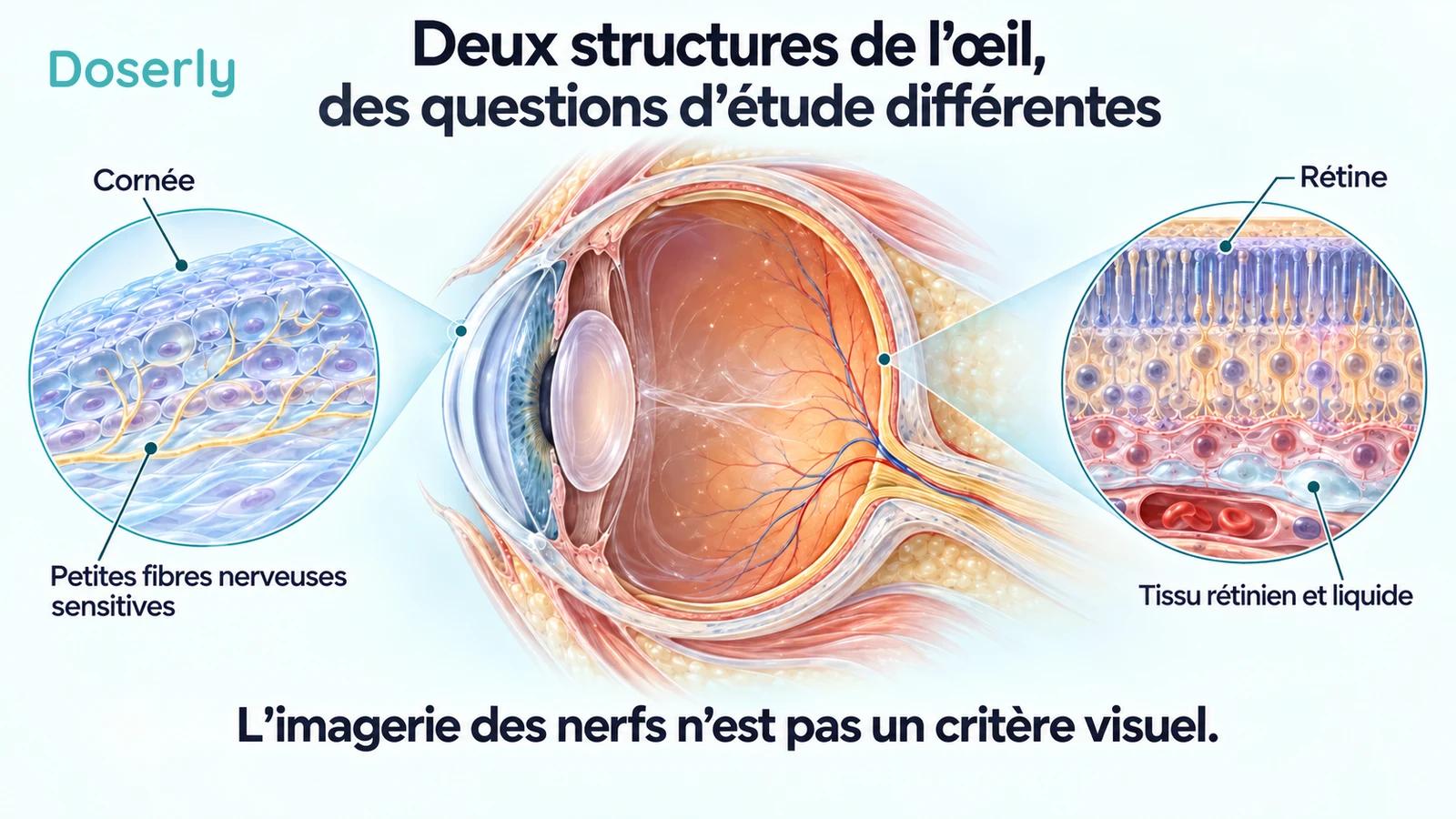 Vue en coupe de l’œil avec des agrandissements distincts des nerfs sensitifs cornéens et du tissu rétinien.