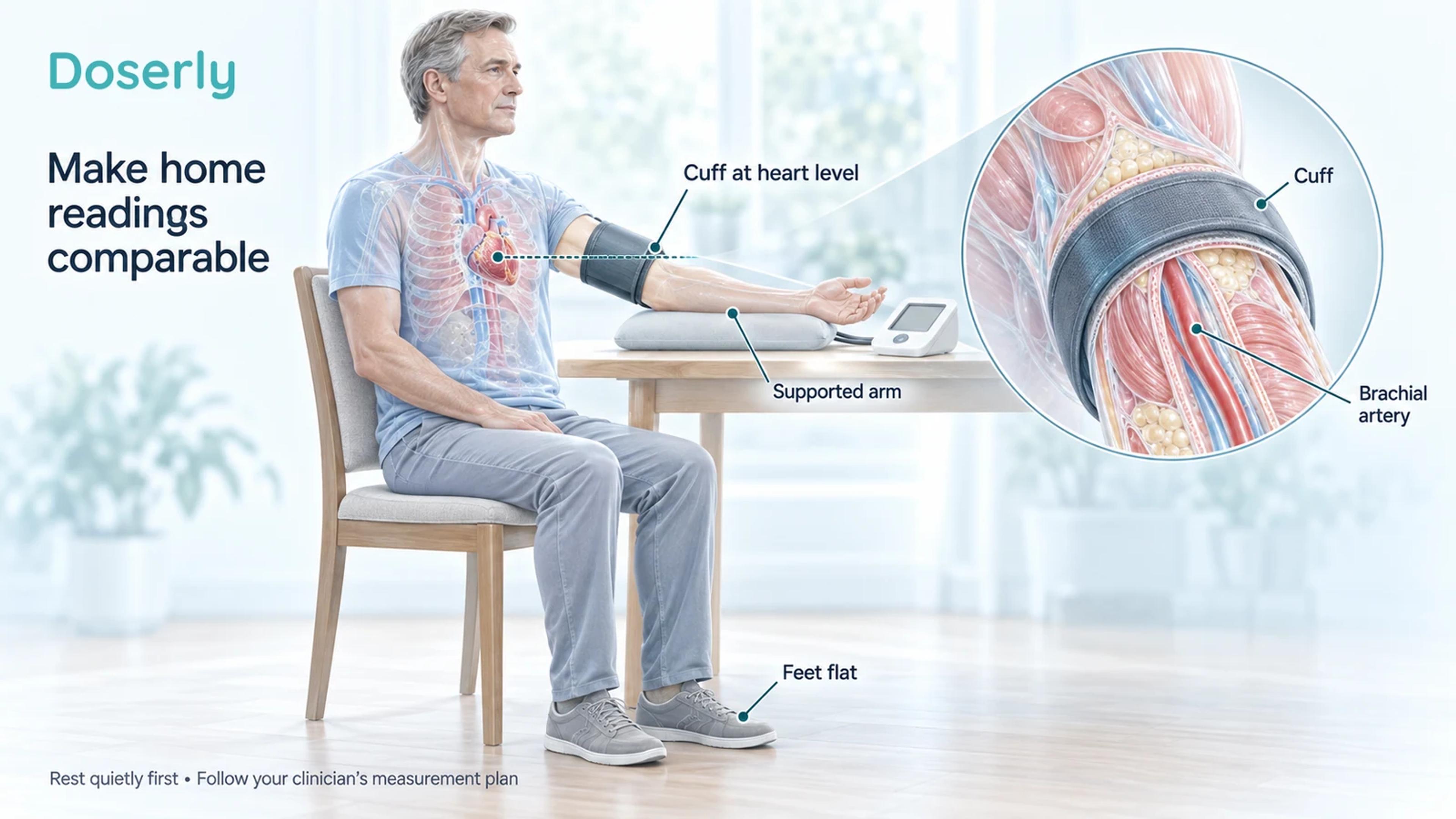 Seated medical-atlas figure rests an arm on a cushion with an upper-arm blood-pressure cuff near heart level, back supported and feet flat; an inset identifies the brachial artery.