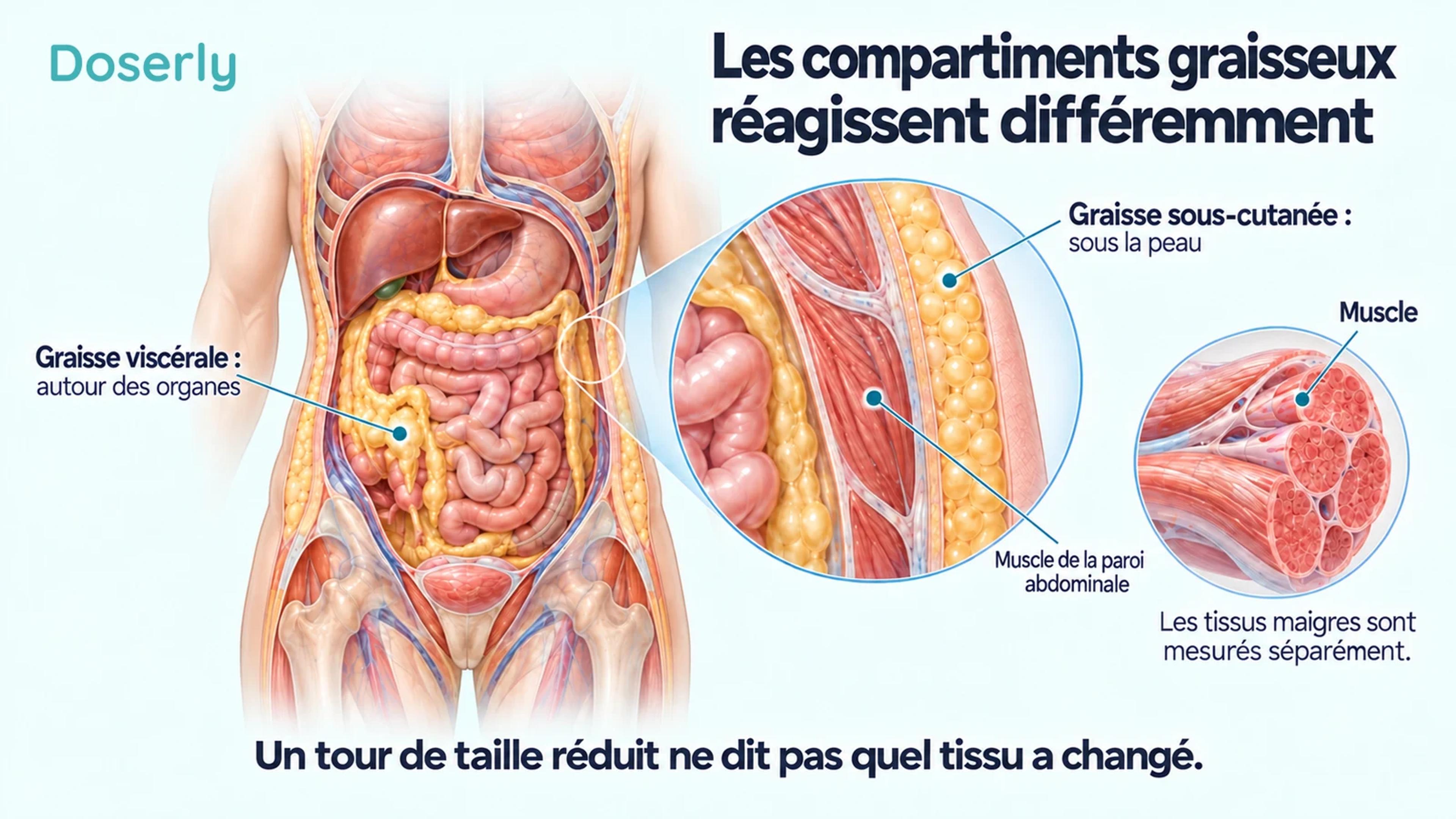 Une coupe de l’abdomen montre la graisse viscérale, la graisse sous-cutanée et les muscles de la paroi abdominale, avec un encadré distinct sur les fibres musculaires.