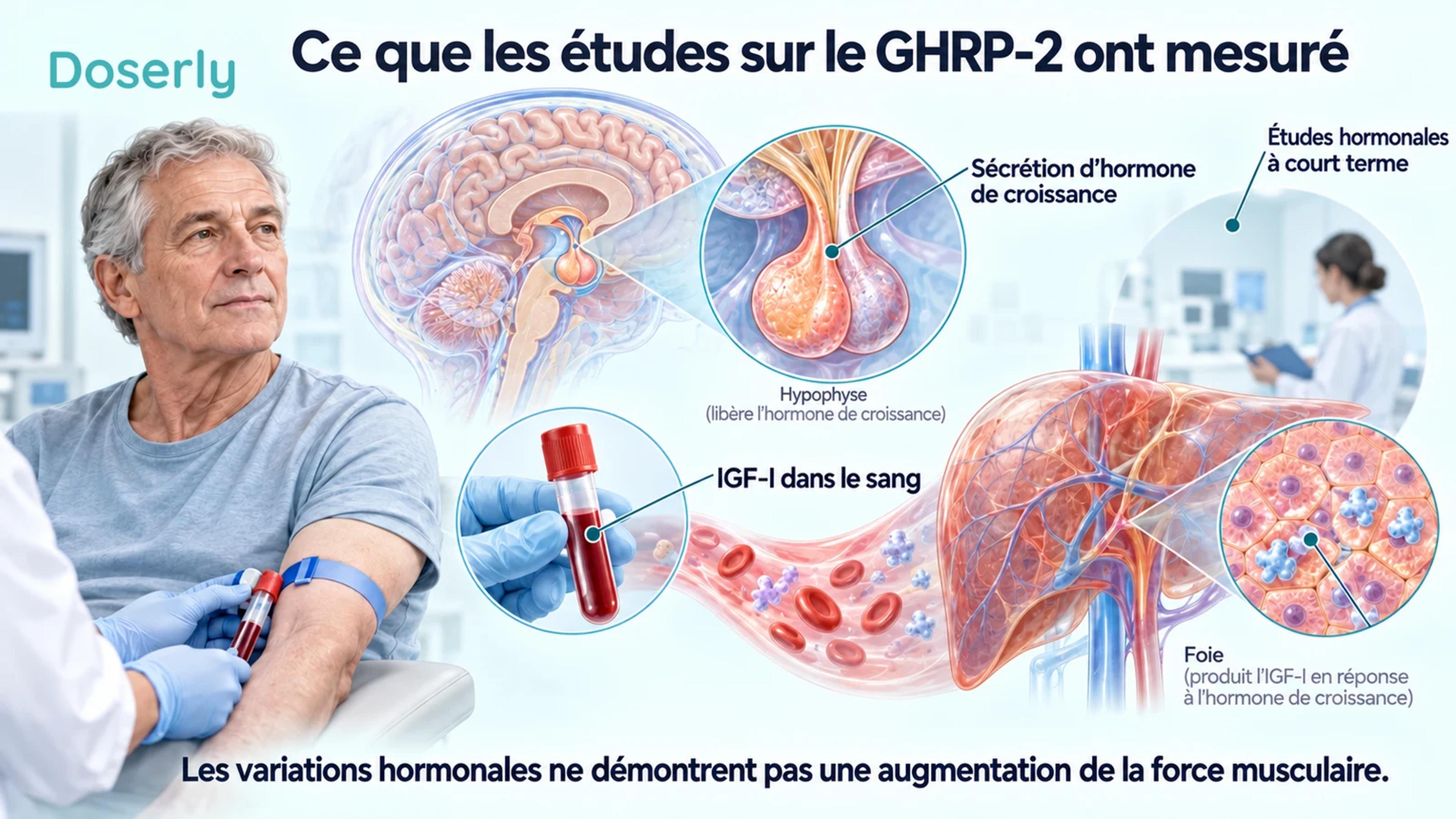 Un échantillon sanguin clinique, un encadré de l’hypophyse et une illustration du foie expliquent les mesures hormonales dans les études sur le GHRP-2.