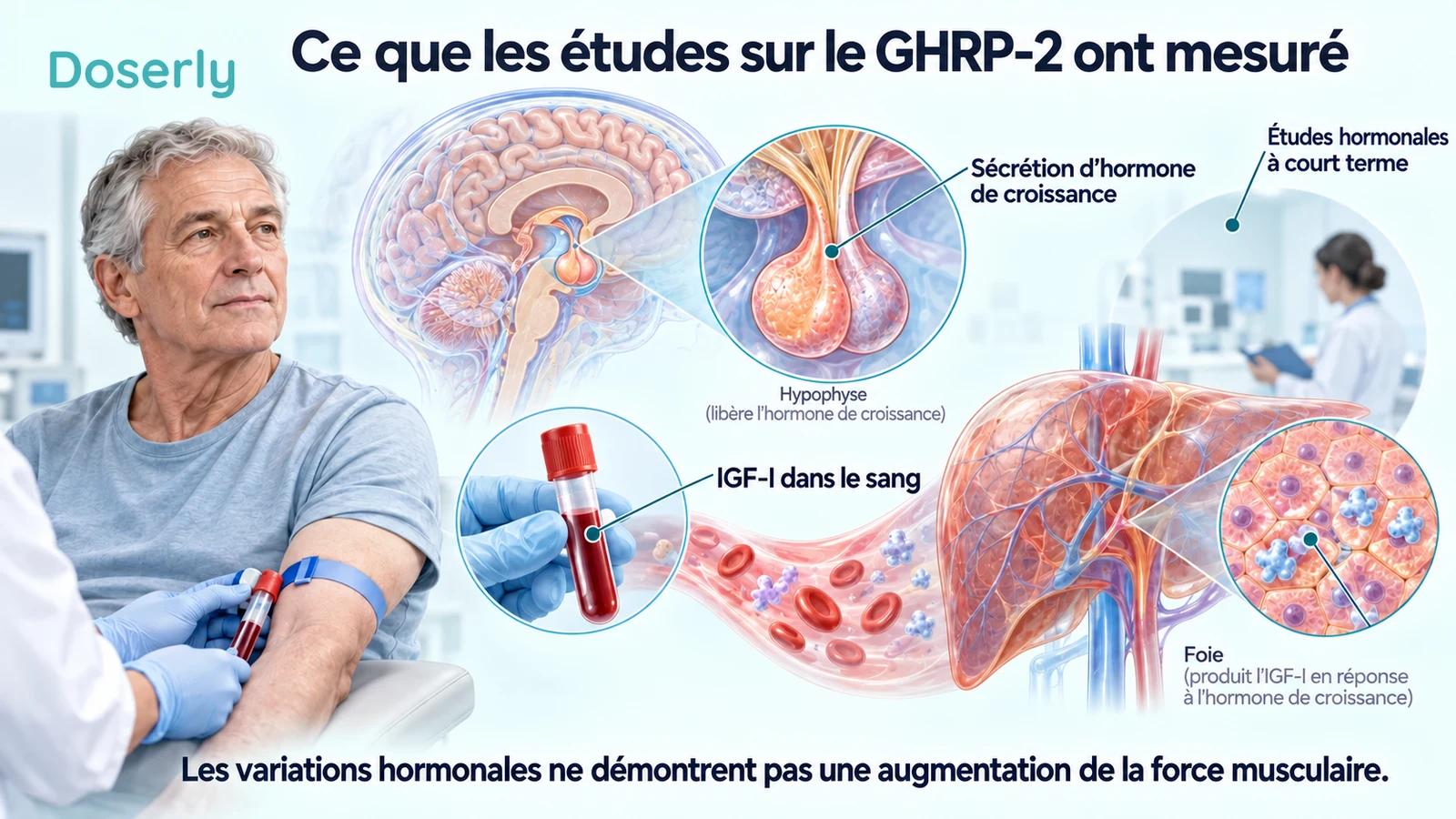Un échantillon sanguin clinique, un encadré de l’hypophyse et une illustration du foie expliquent les mesures hormonales dans les études sur le GHRP-2.