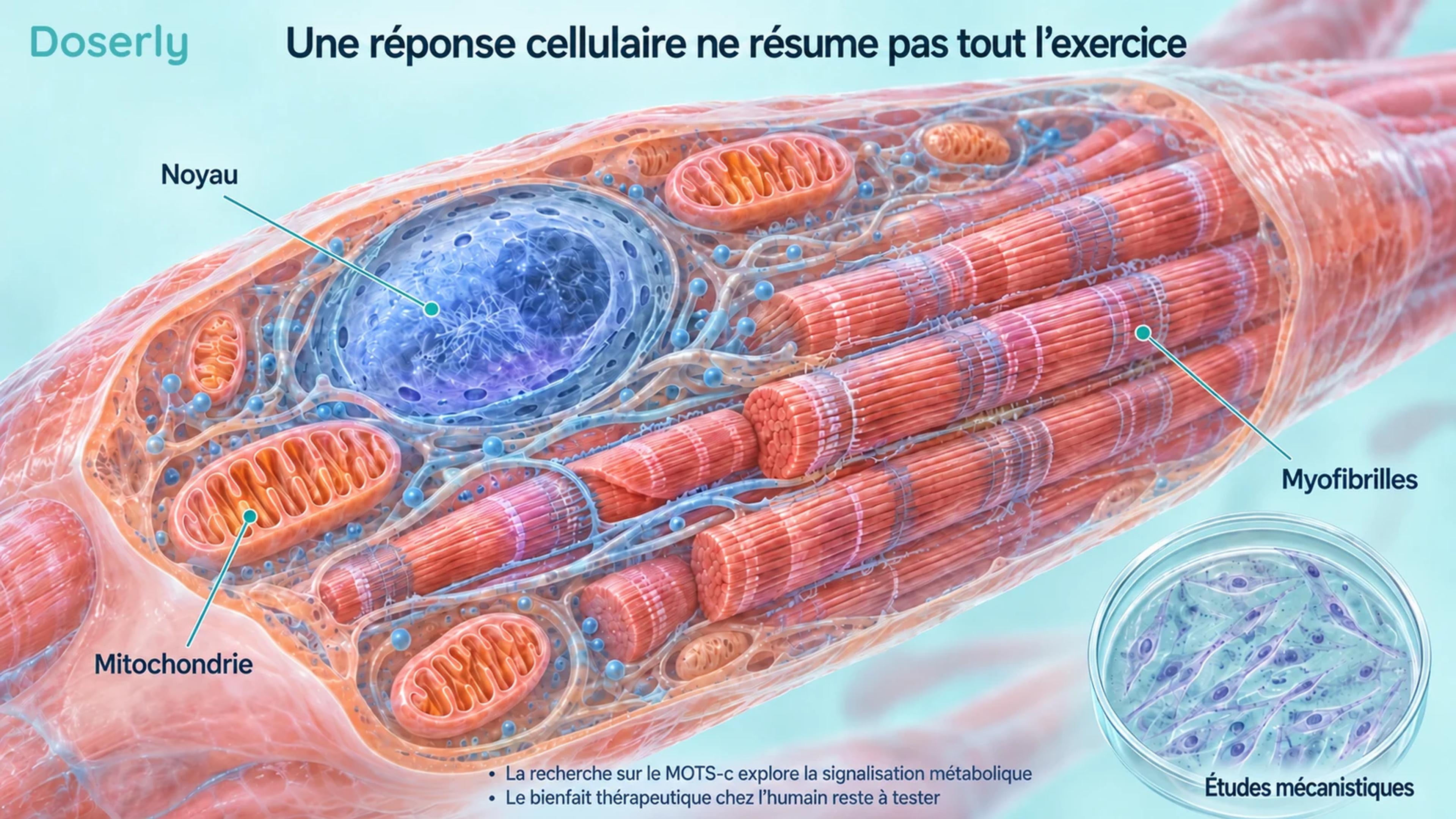 Une coupe détaillée de cellule musculaire identifie les mitochondries, un noyau et les fibres contractiles, à côté d’une petite illustration de culture cellulaire.