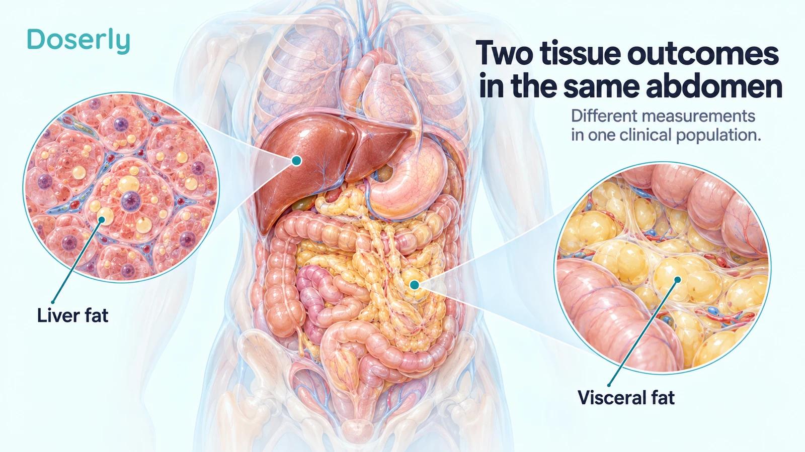 Translucent abdominal anatomy with separate magnifications of liver-cell fat and visceral adipose tissue