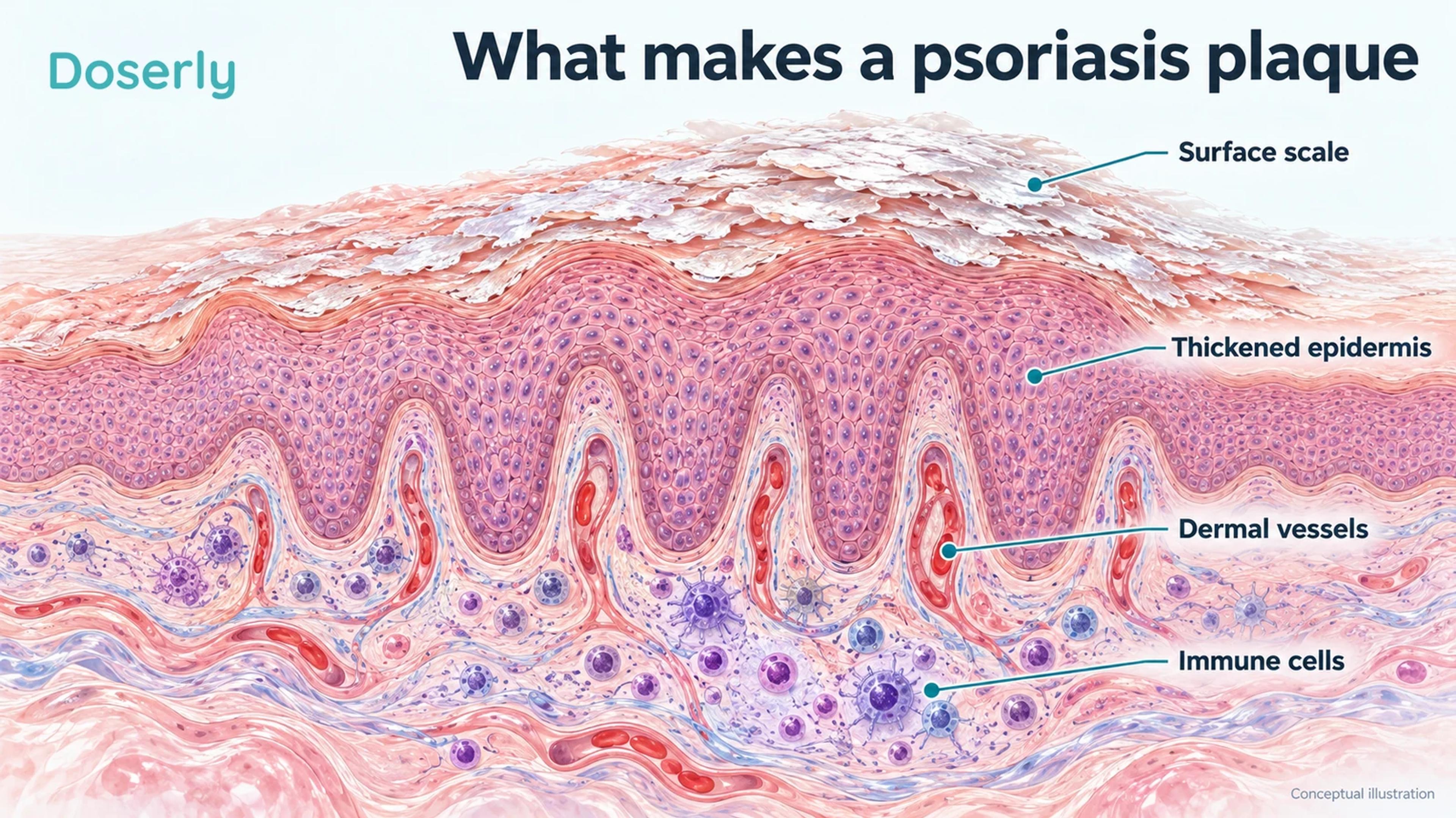 Conceptual psoriasis plaque cutaway with thickened epidermis, overlying scale and small vessels in the dermal papillae.