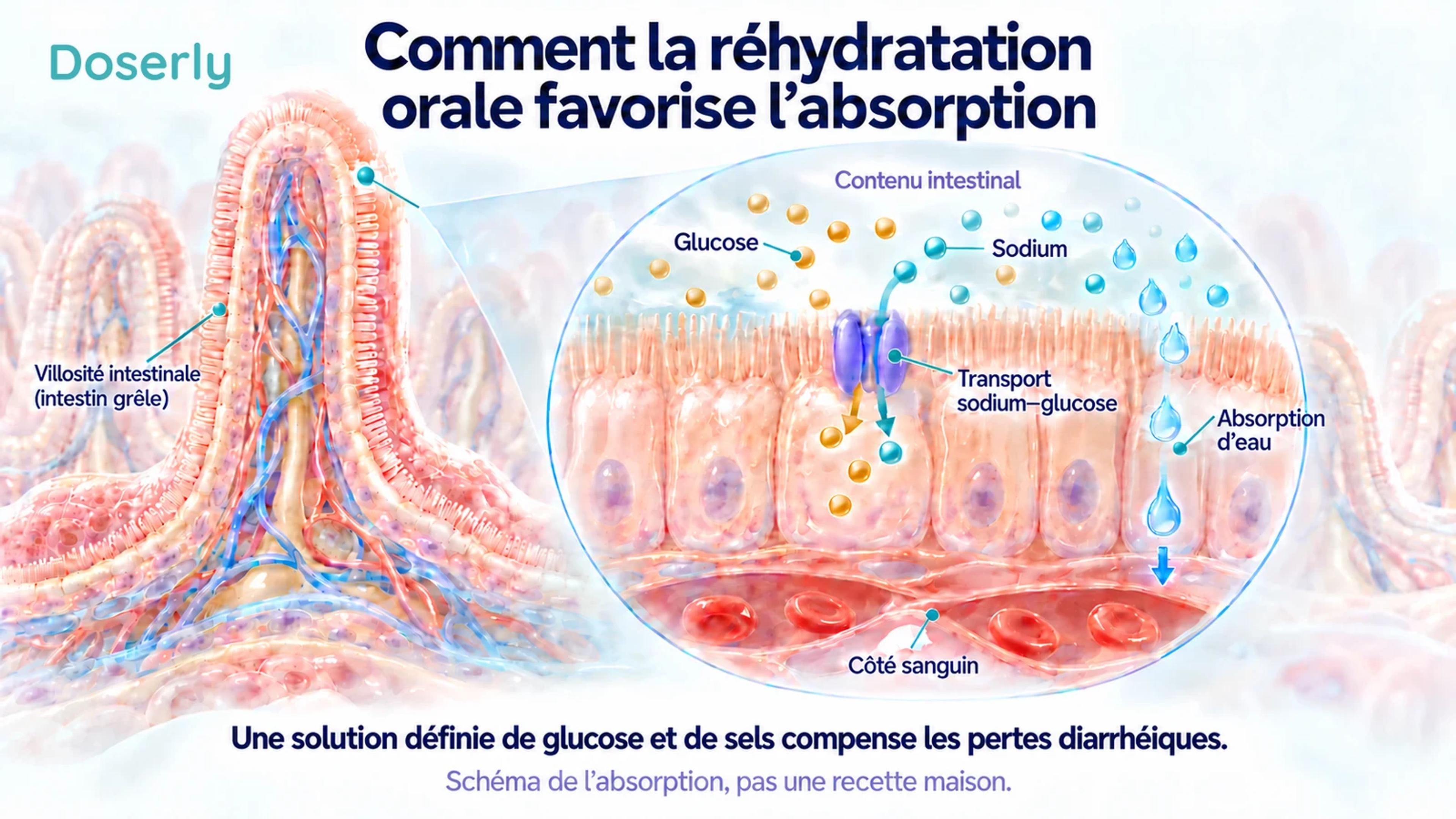 Une villosité intestinale et des cellules de son revêtement agrandies montrant le transport du sodium et du glucose ainsi que l’absorption d’eau vers le côté sanguin.