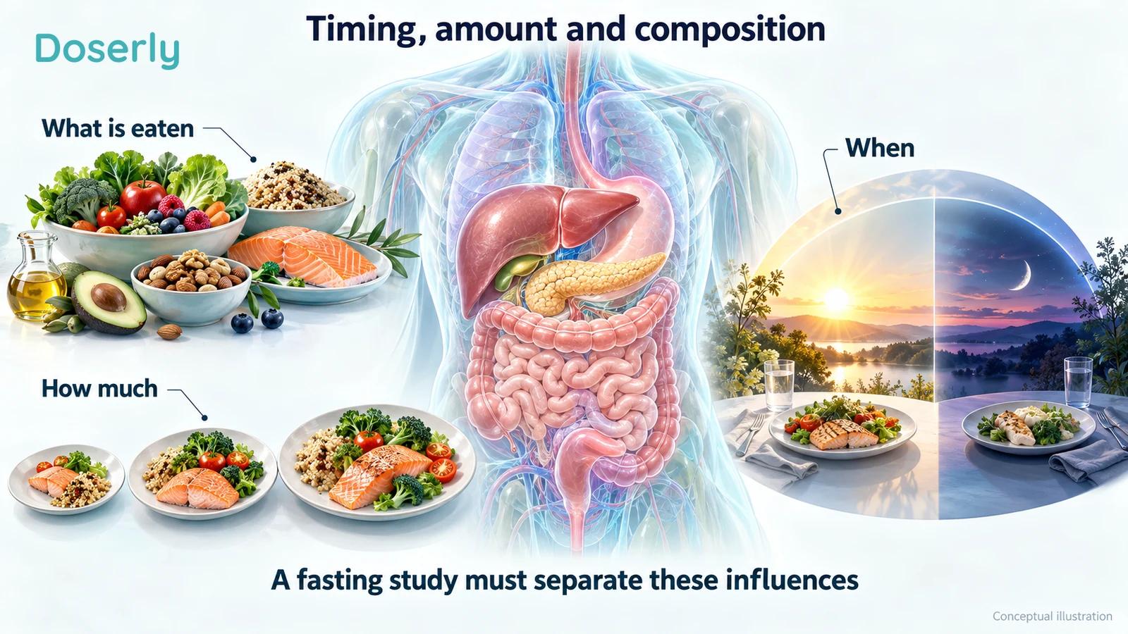 Digestive anatomy is surrounded by food-composition, portion-size and day-night timing examples