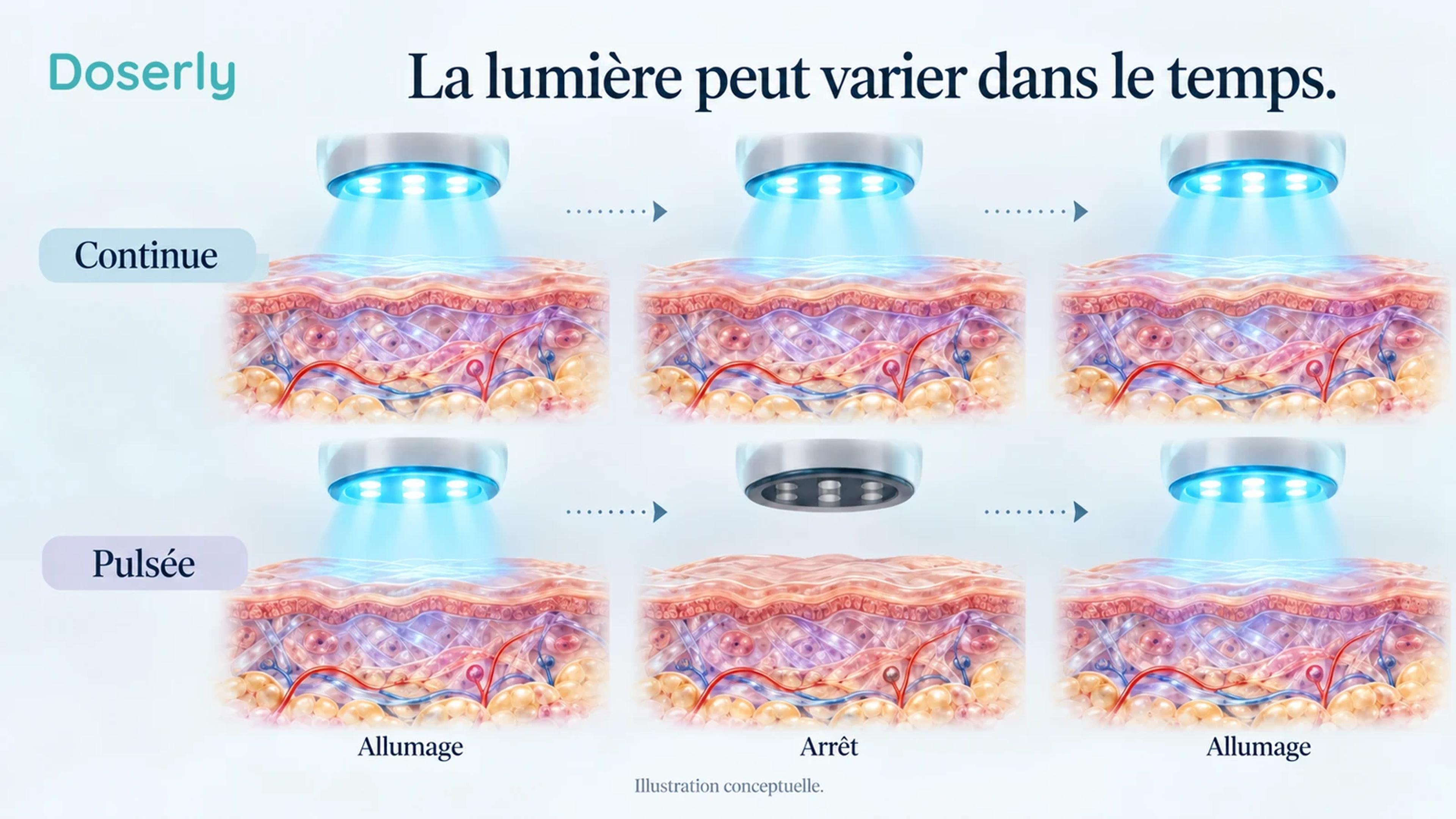 Une source lumineuse continue et une source intermittente éclairent des échantillons tissulaires conceptuels distincts, avec les phases d’allumage et d’arrêt indiquées.