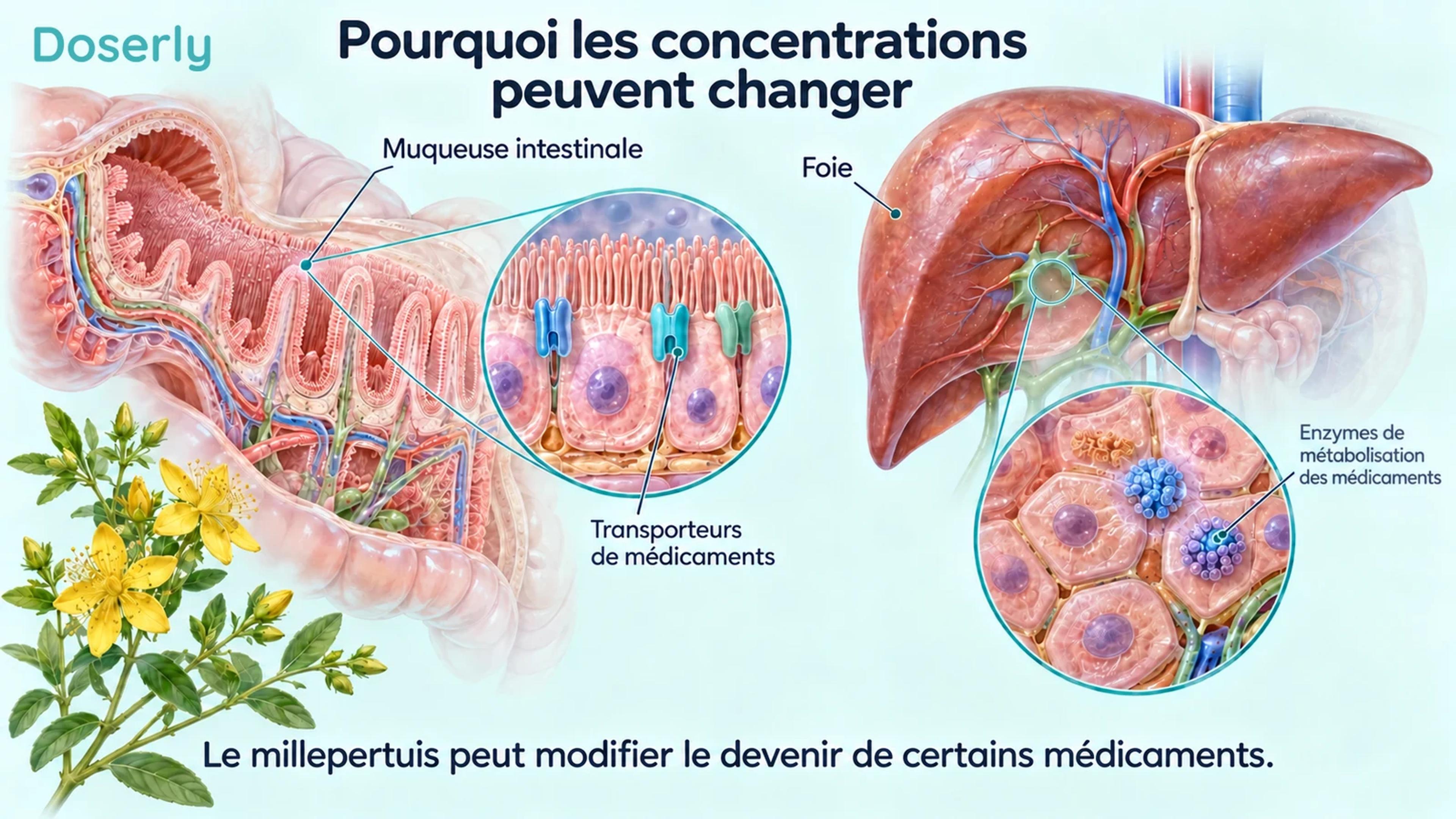 Muqueuse intestinale et foie détaillés, avec des transporteurs de médicaments et des enzymes de métabolisation des médicaments agrandis.