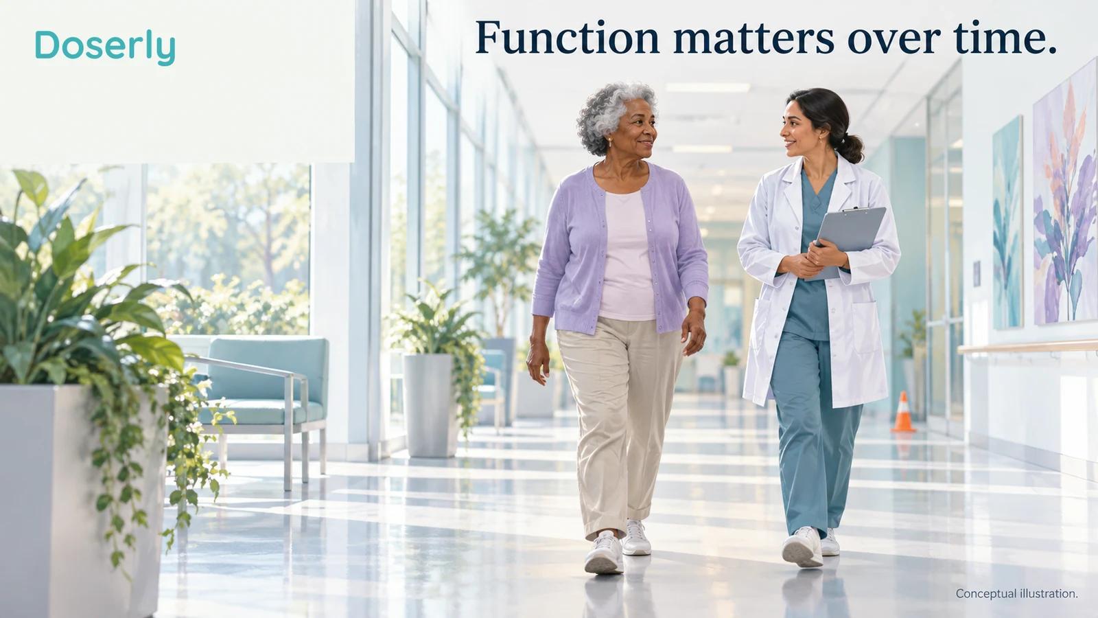 A conceptual supervised walking assessment shows an older adult in a clear clinic corridor with a researcher observing.