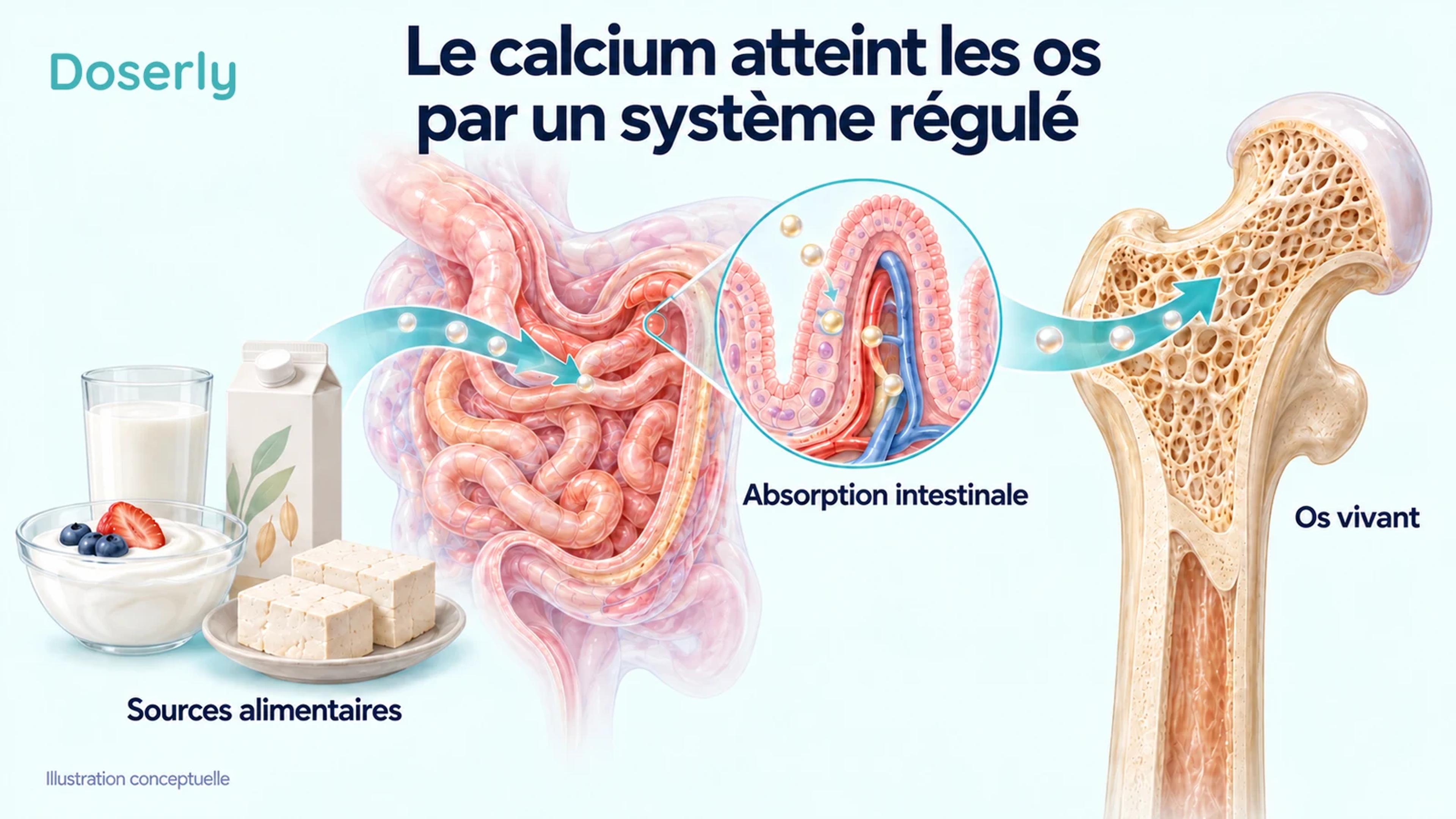 Des aliments contenant du calcium et une villosité intestinale sont reliés à une coupe détaillée d’un os vivant montrant sa structure minéralisée.