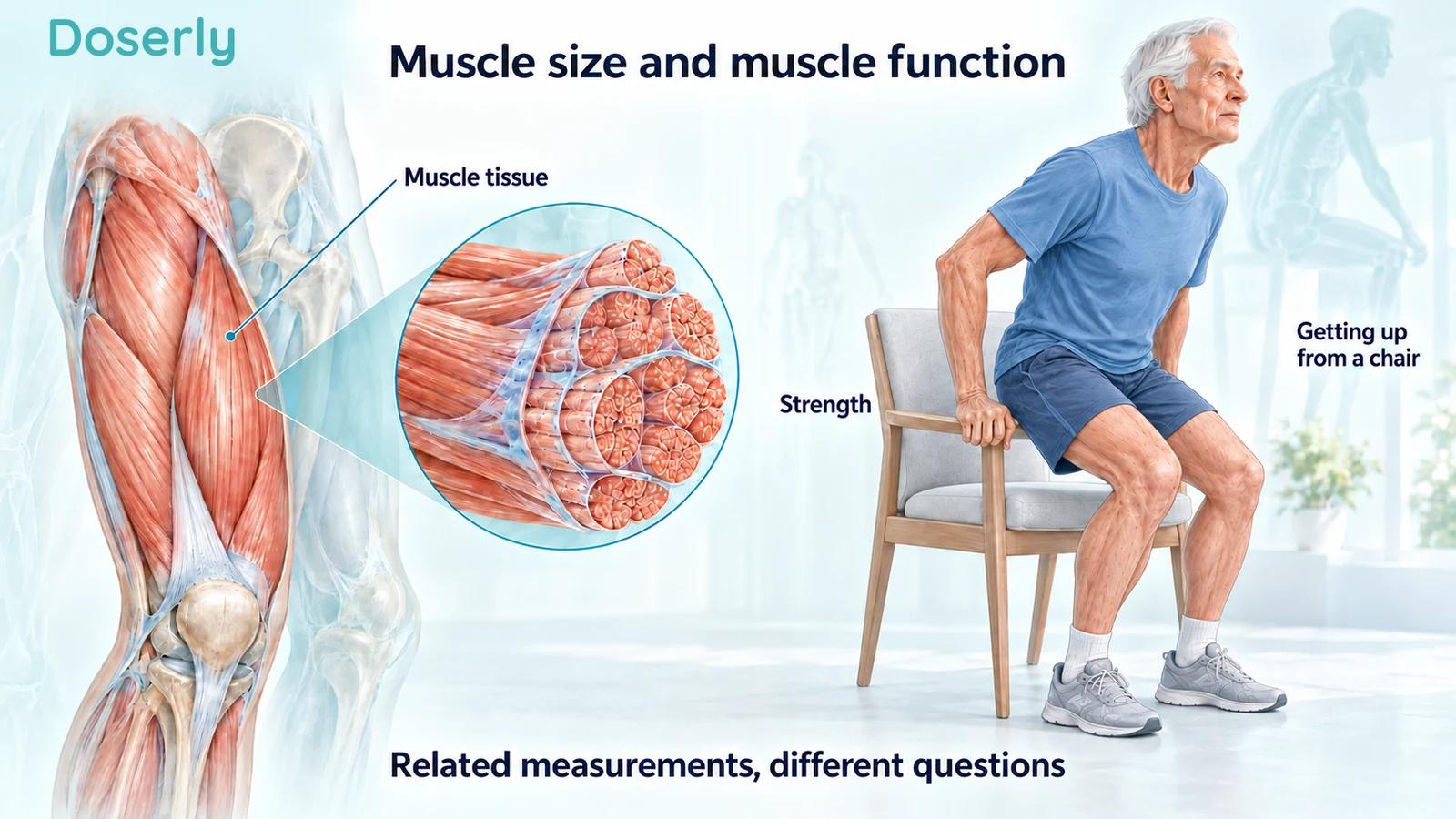 A translucent thigh-muscle cutaway and an older adult rising from a chair illustrate muscle tissue and physical function.