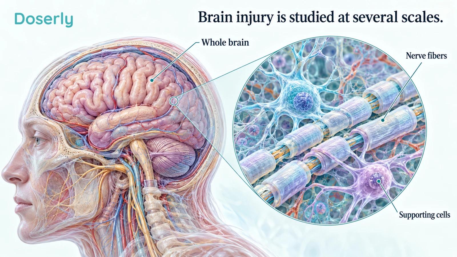 Conceptual head cutaway and enlarged nerve fibers illustrate the different scales examined after brain injury.