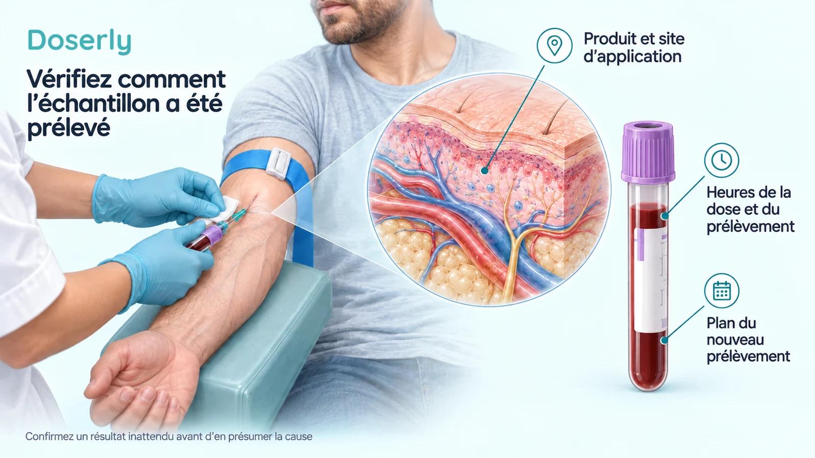 Un clinicien prélève un échantillon chez un patient masculin, avec une anatomie détaillée de la peau et un tube d’échantillon séparé.