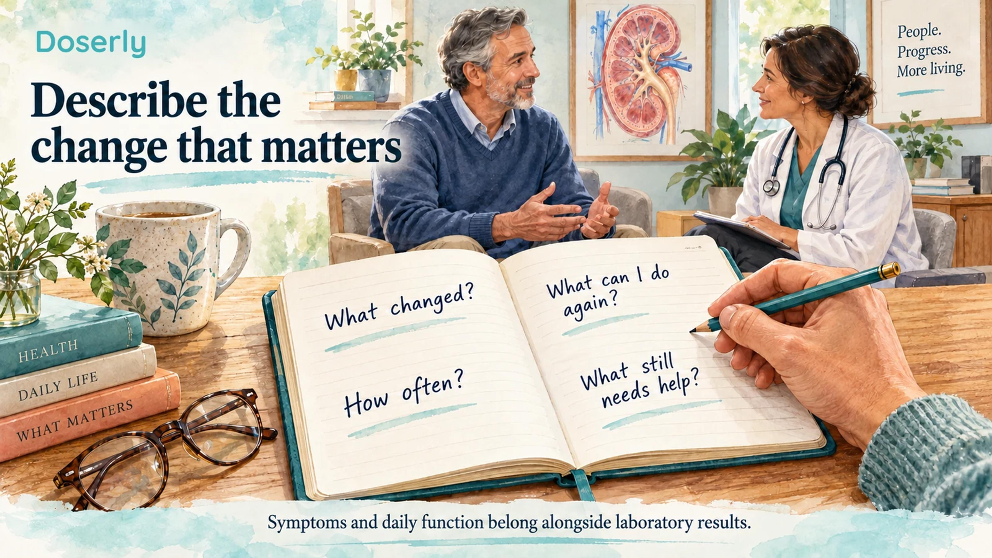 An illustrated journal asks what changed, how often, what the person can do again, and what still needs help beside a clinician conversation.