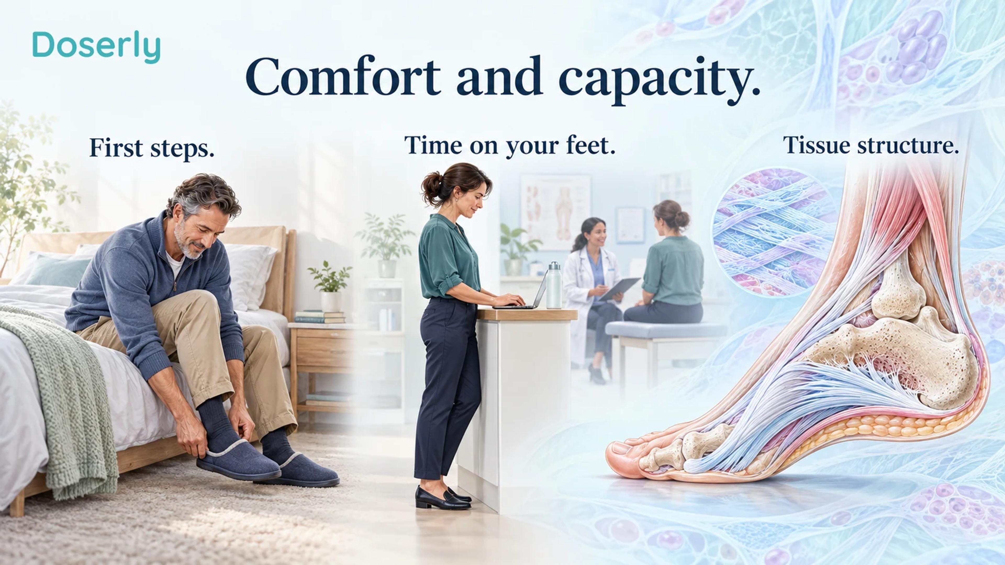 An adult puts on slippers beside a standing work scene, a small clinical consultation and detailed plantar heel anatomy.