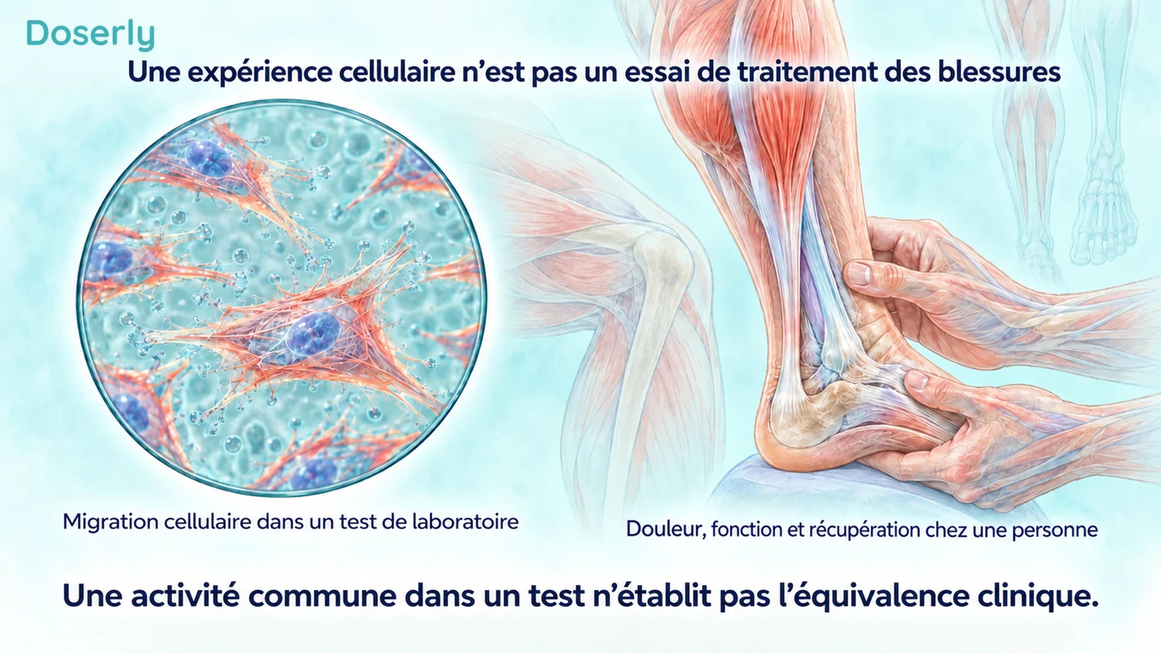 Des cellules en culture avec des structures d’actine sont mises en contraste avec un examen clinique de la cheville.