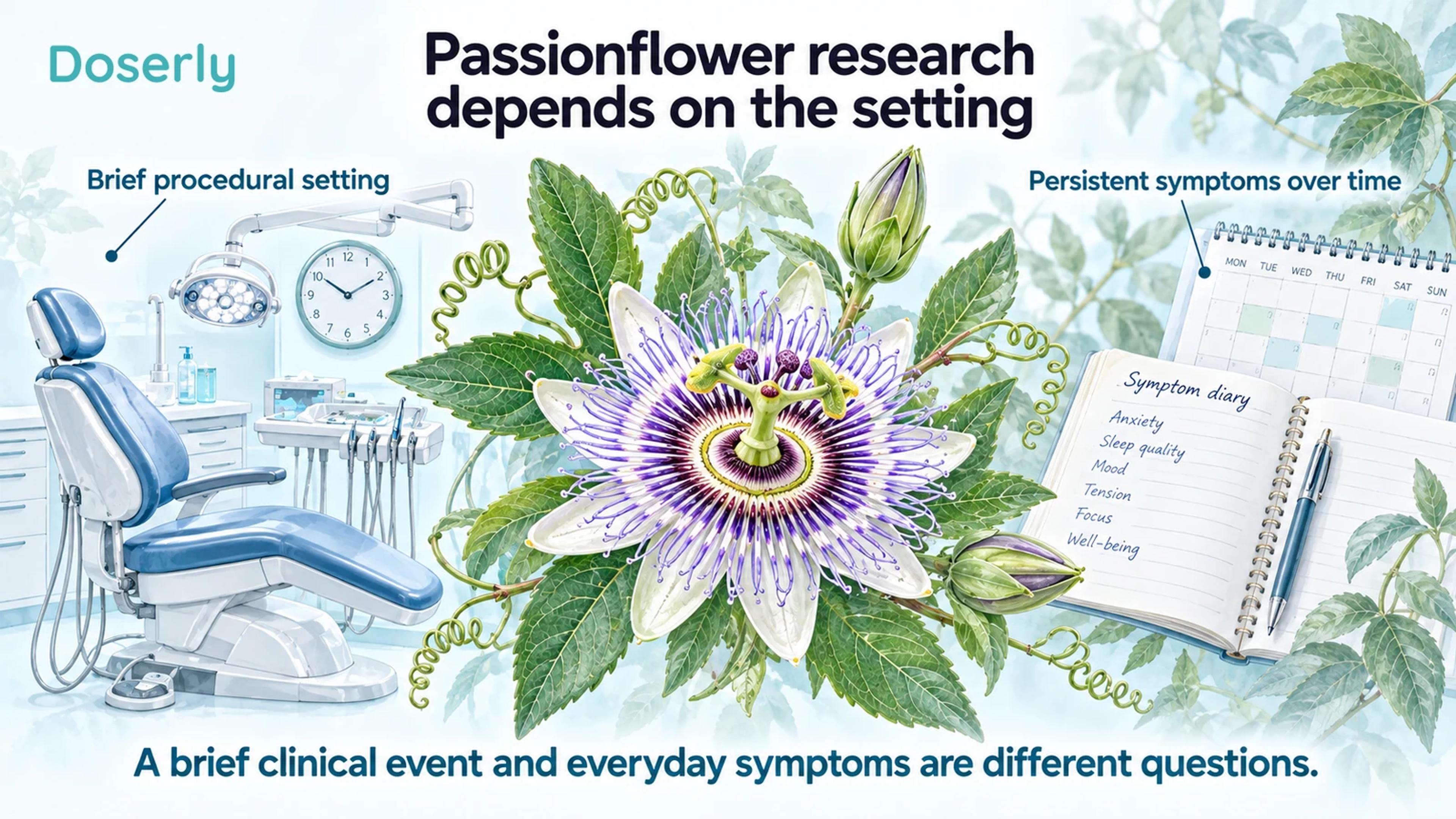 An illustrated passionflower, dental chair, clock and symptom diary distinguish brief procedures from persistent symptoms.