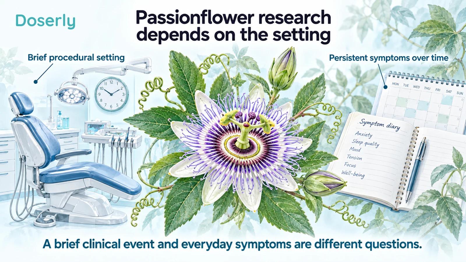 An illustrated passionflower, dental chair, clock and symptom diary distinguish brief procedures from persistent symptoms.