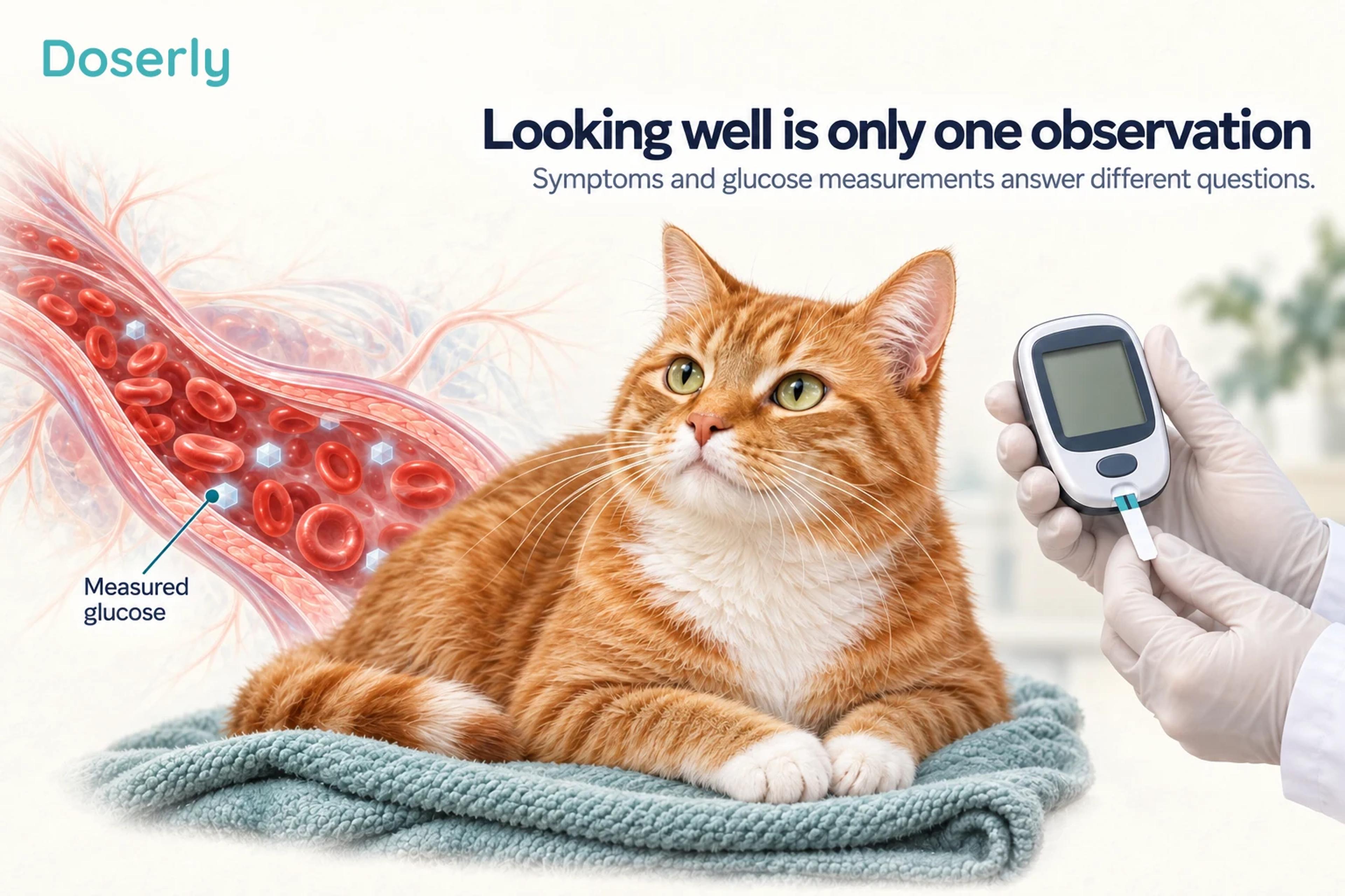 An alert orange cat beside a conceptual blood vessel and an unnumbered glucose meter.