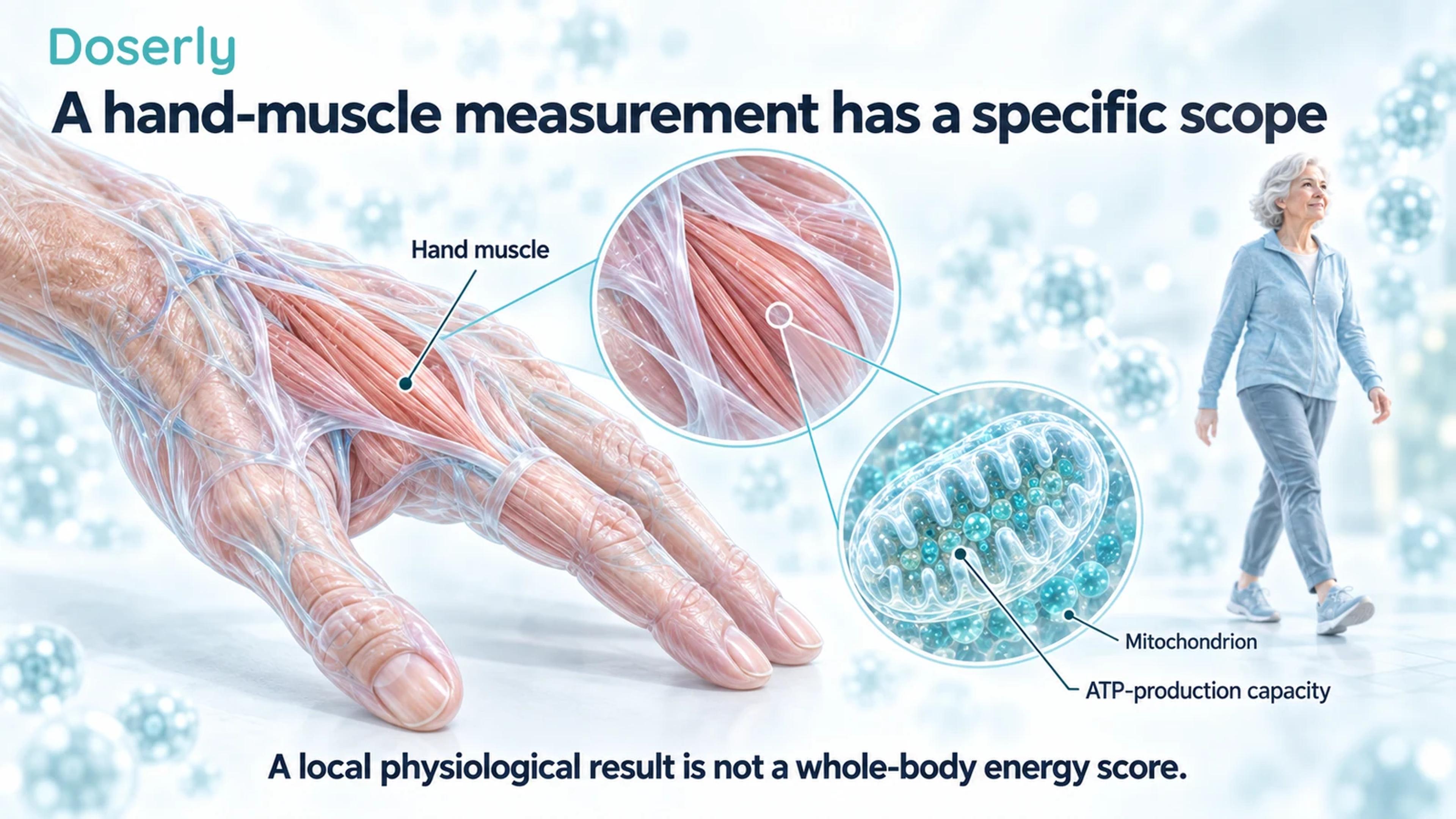 Detailed older-adult hand illustration with a magnified hand muscle and mitochondrion.