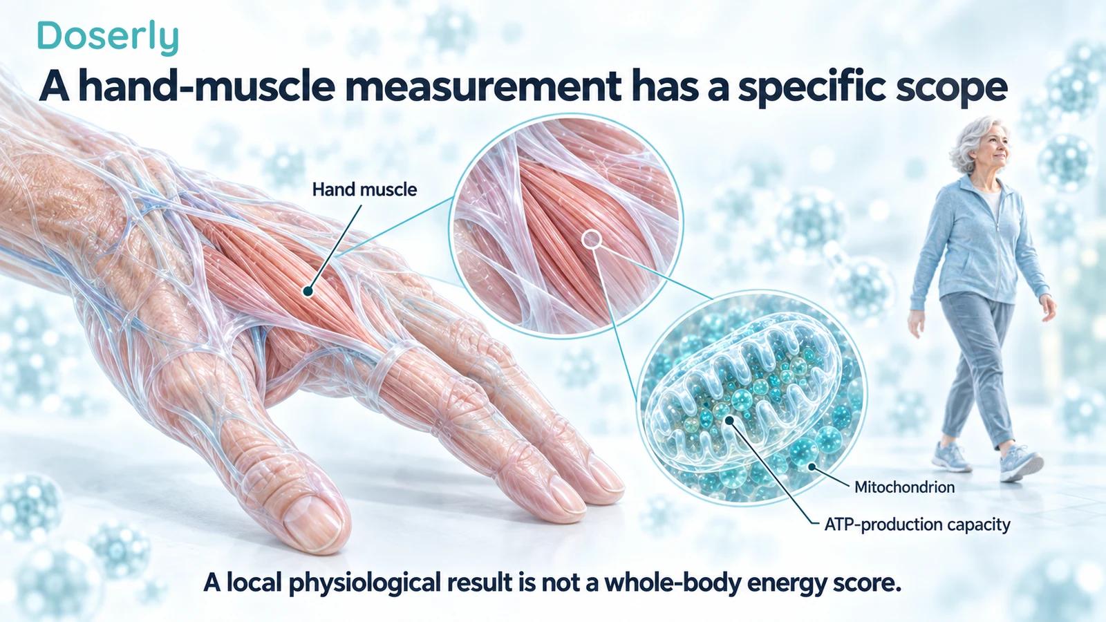 Detailed older-adult hand illustration with a magnified hand muscle and mitochondrion.