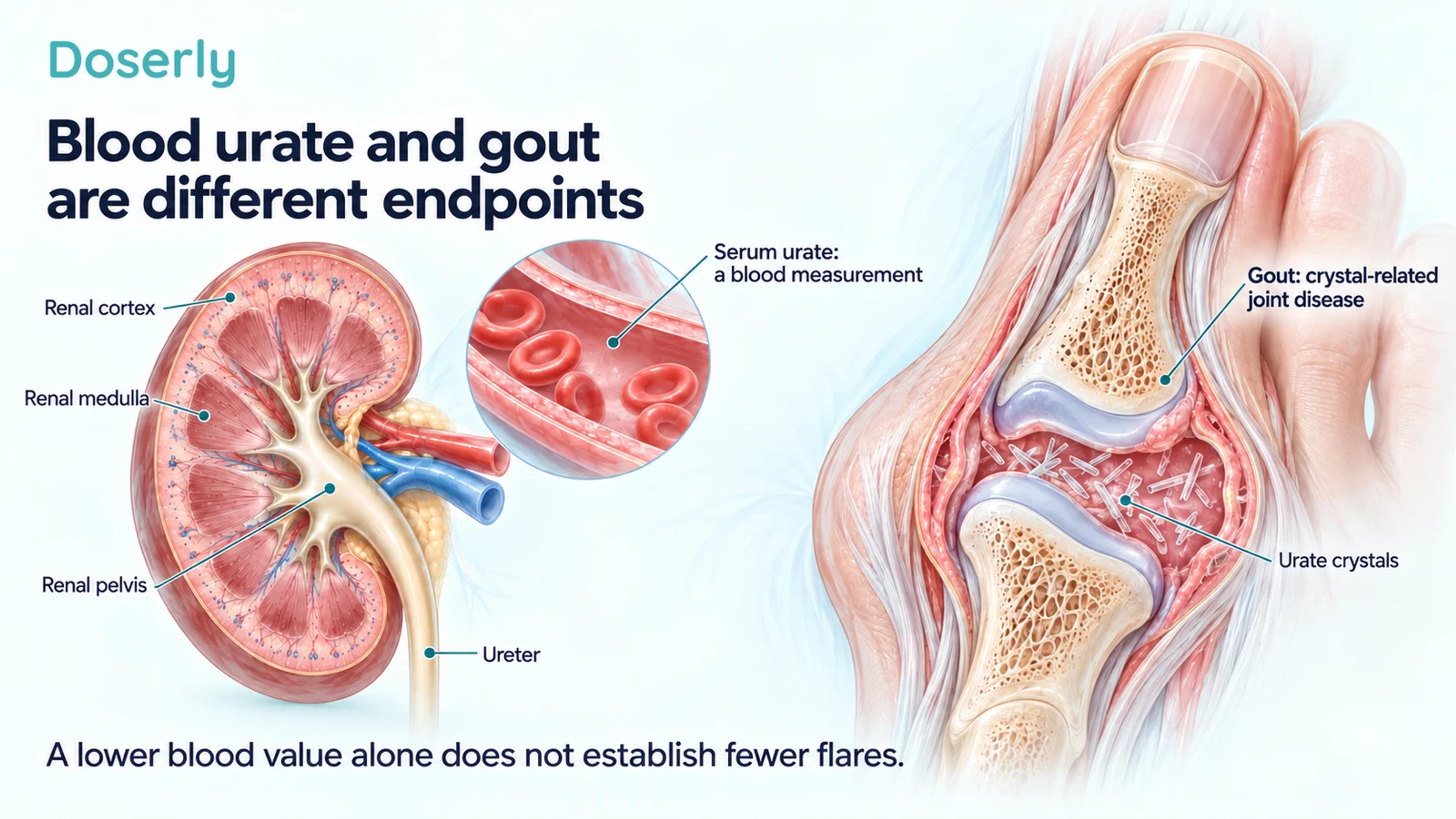 Kidney anatomy, a blood-vessel inset and a toe-joint cross-section distinguish dissolved serum urate measurements from urate crystals deposited in a joint.