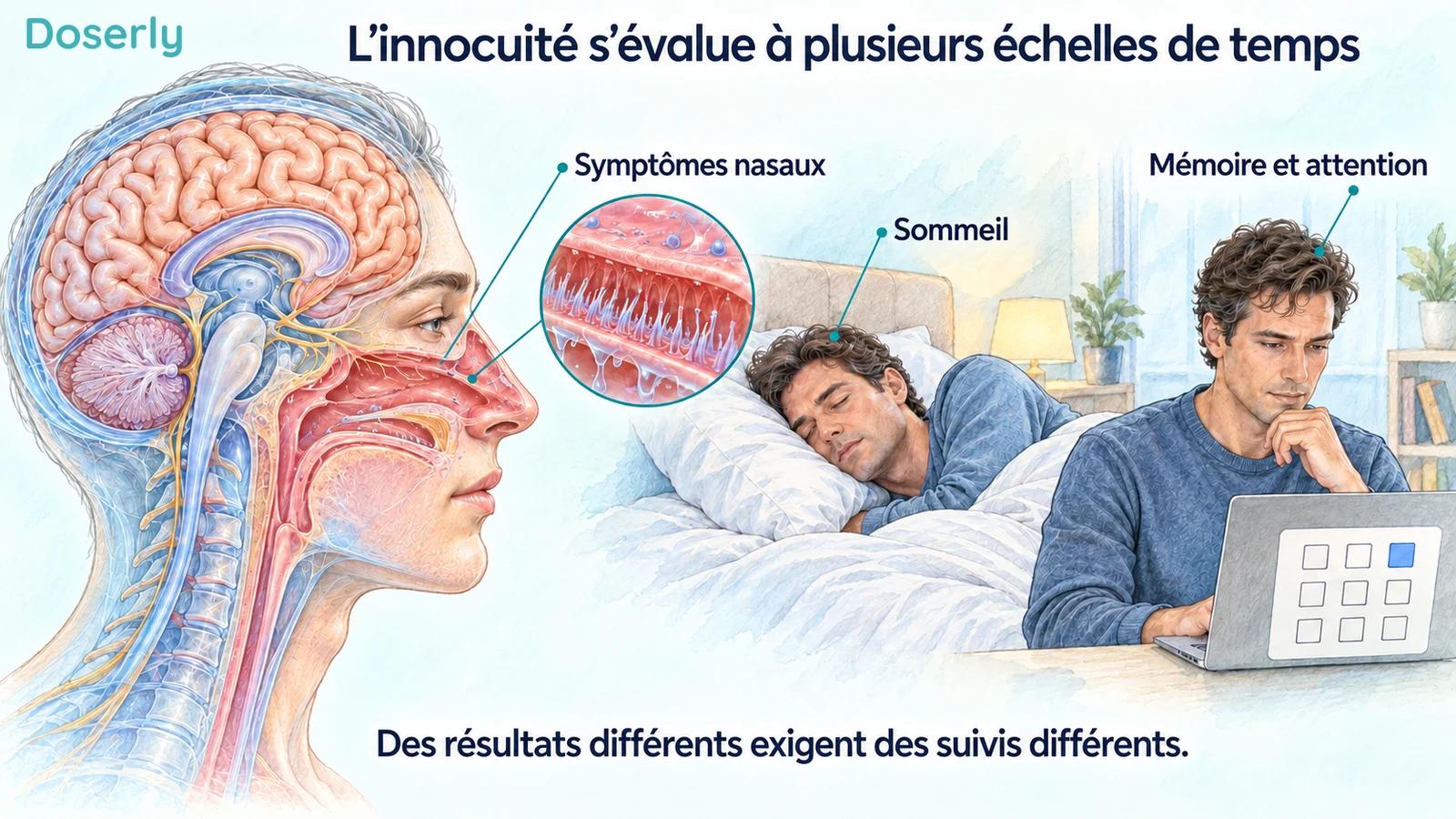 L’anatomie cérébrale et nasale, à côté de scènes de sommeil et de tâches d’attention, illustre différents domaines de l’innocuité.