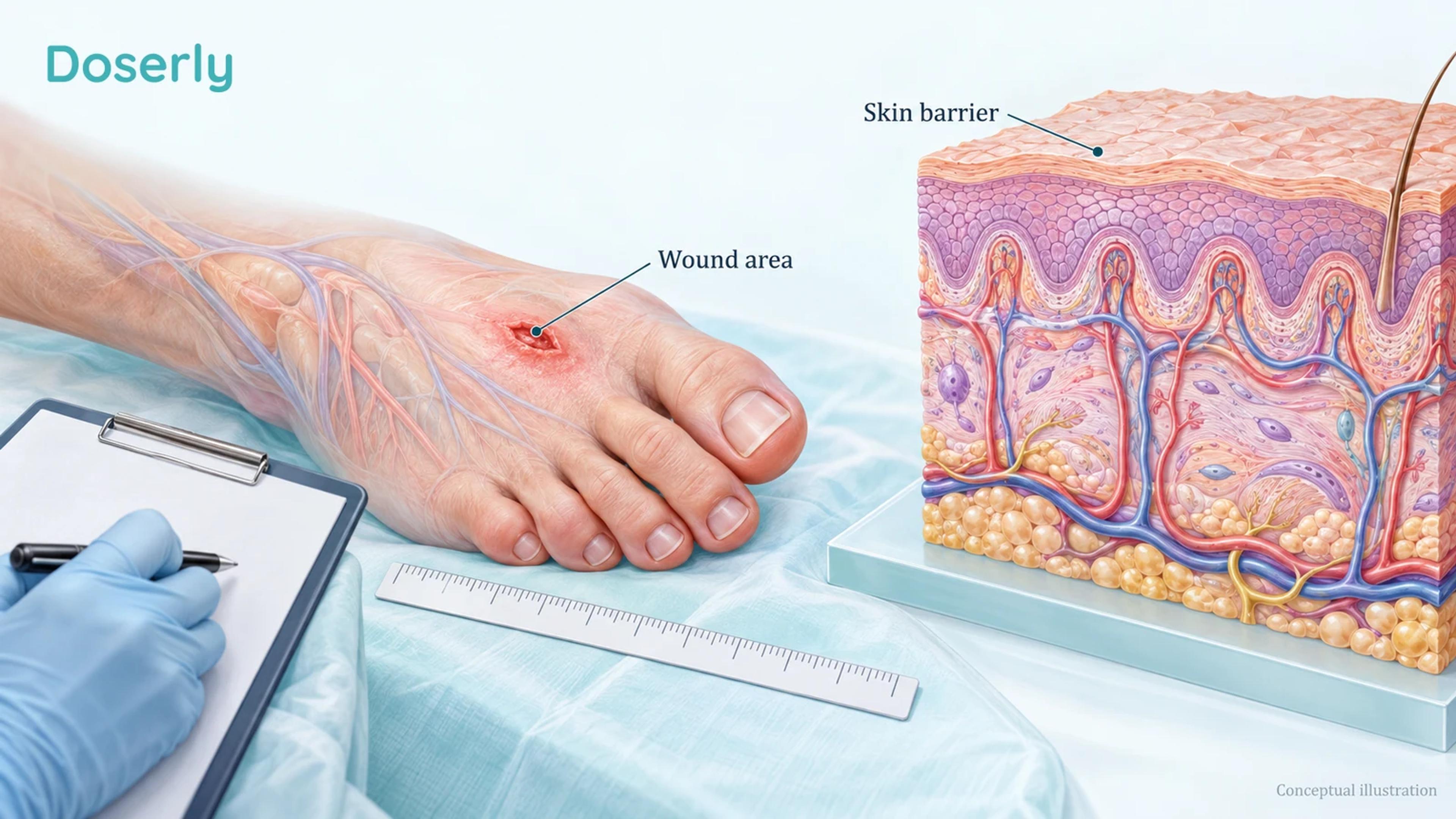 A single conceptual wound model sits beside a clinical measuring ruler and an intact skin teaching sample, without before-and-after arrows.