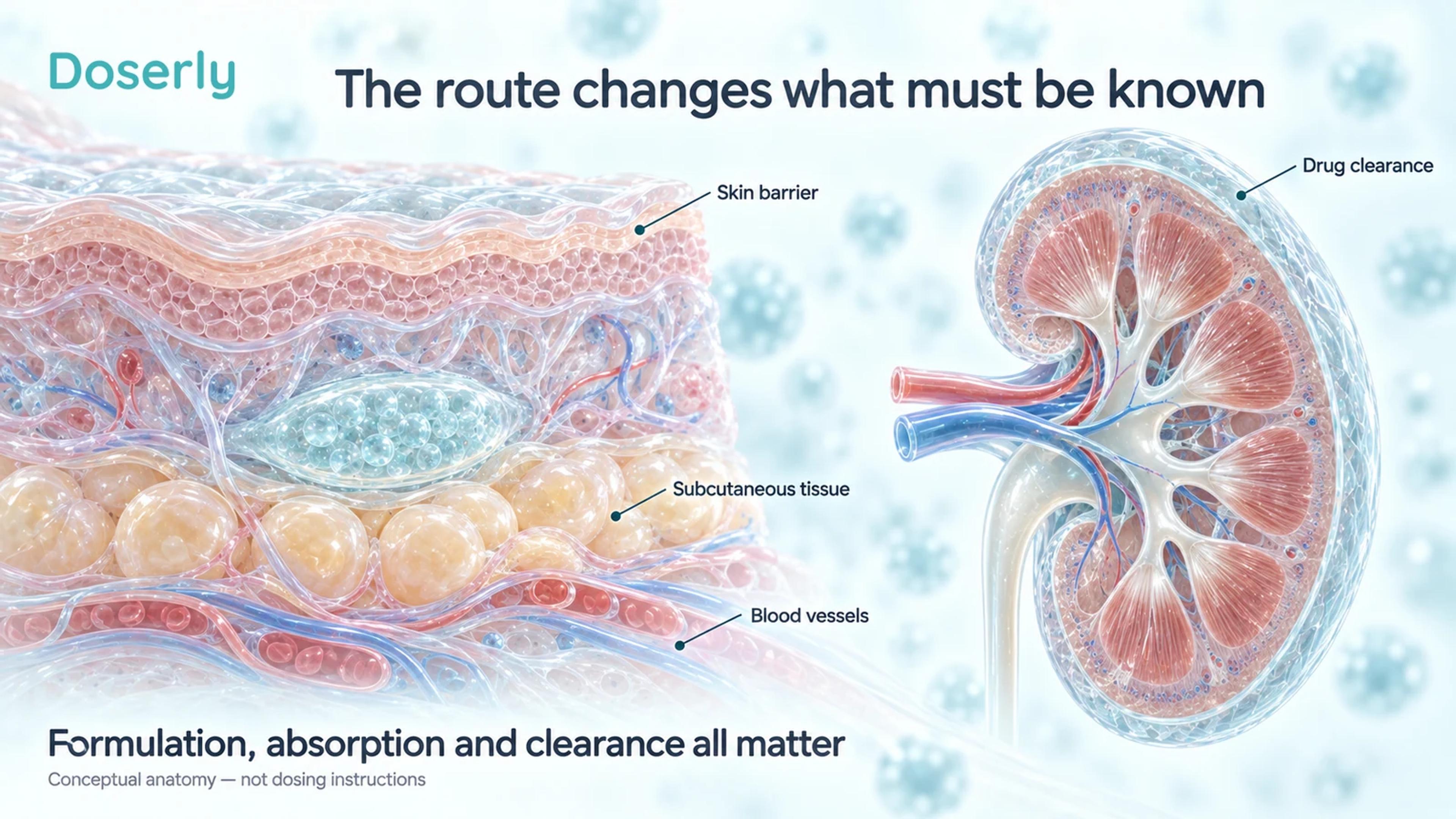 Translucent skin and subcutaneous tissue appear beside a kidney cutaway, illustrating administration and drug clearance as separate considerations.