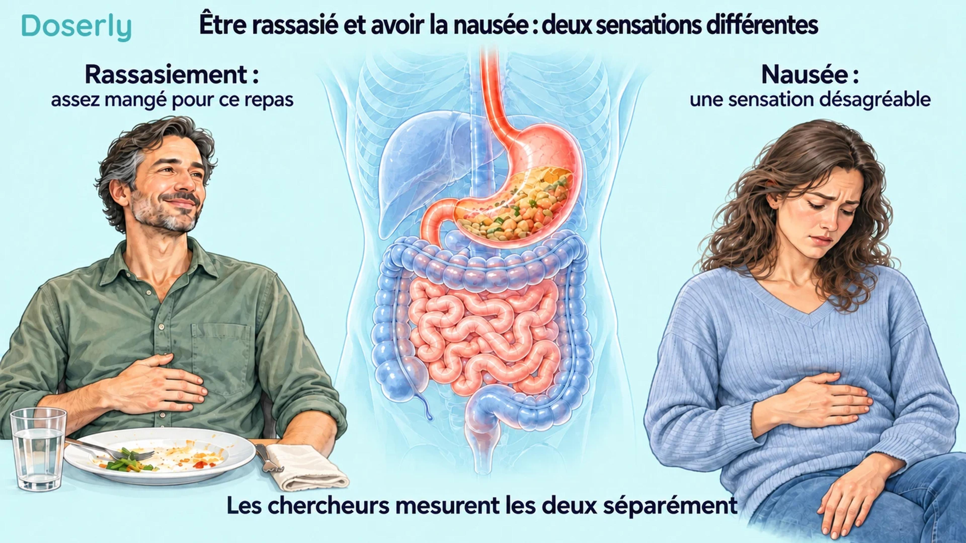Illustration d’adultes qui terminent un repas confortablement ou ressentent des nausées, à côté de l’anatomie digestive.