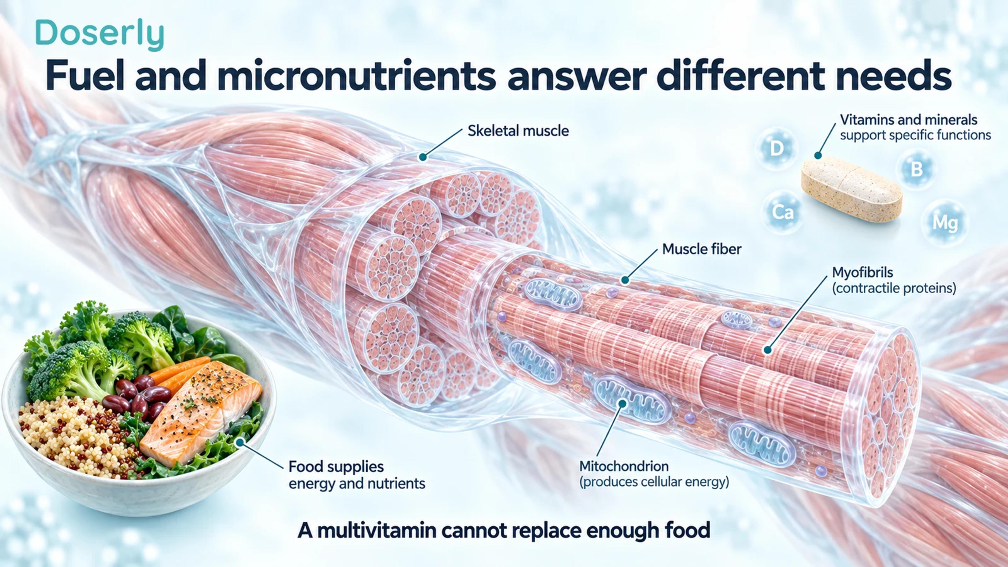 Medical-atlas illustration of skeletal muscle and mitochondria beside a balanced meal and a vitamin tablet, distinguishing food energy from micronutrients.