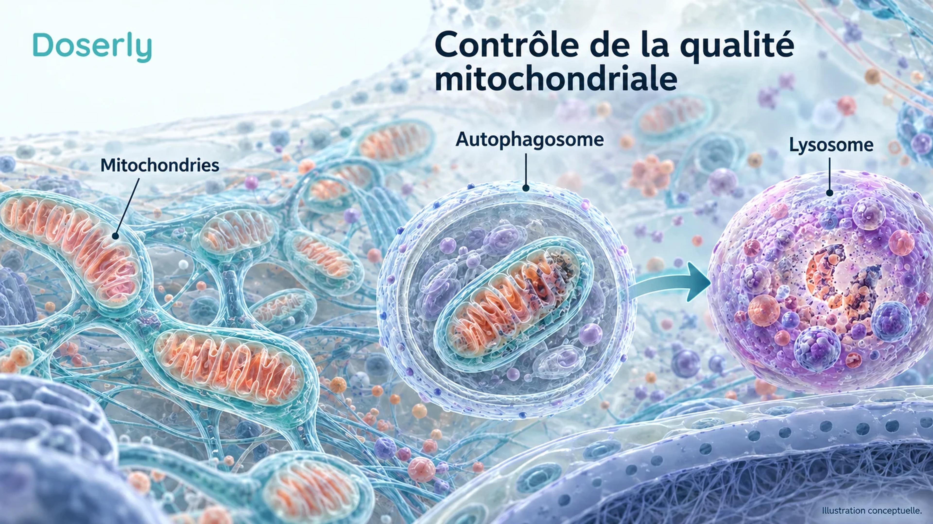 Représentation conceptuelle d’une cellule montrant un compartiment de contrôle de la qualité mitochondriale et, séparément, un agrandissement des replis de la membrane interne.