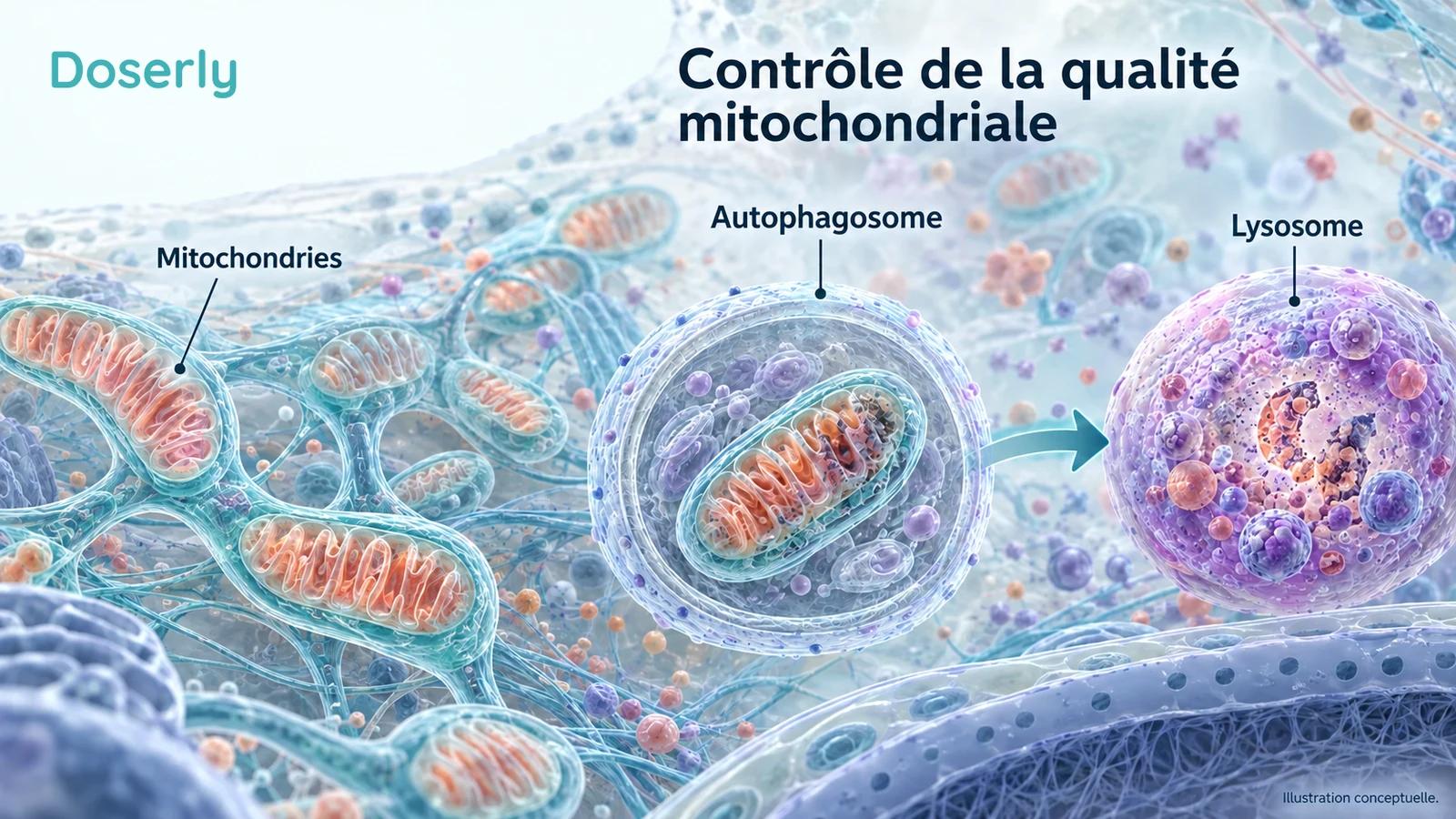 Représentation conceptuelle d’une cellule montrant un compartiment de contrôle de la qualité mitochondriale et, séparément, un agrandissement des replis de la membrane interne.