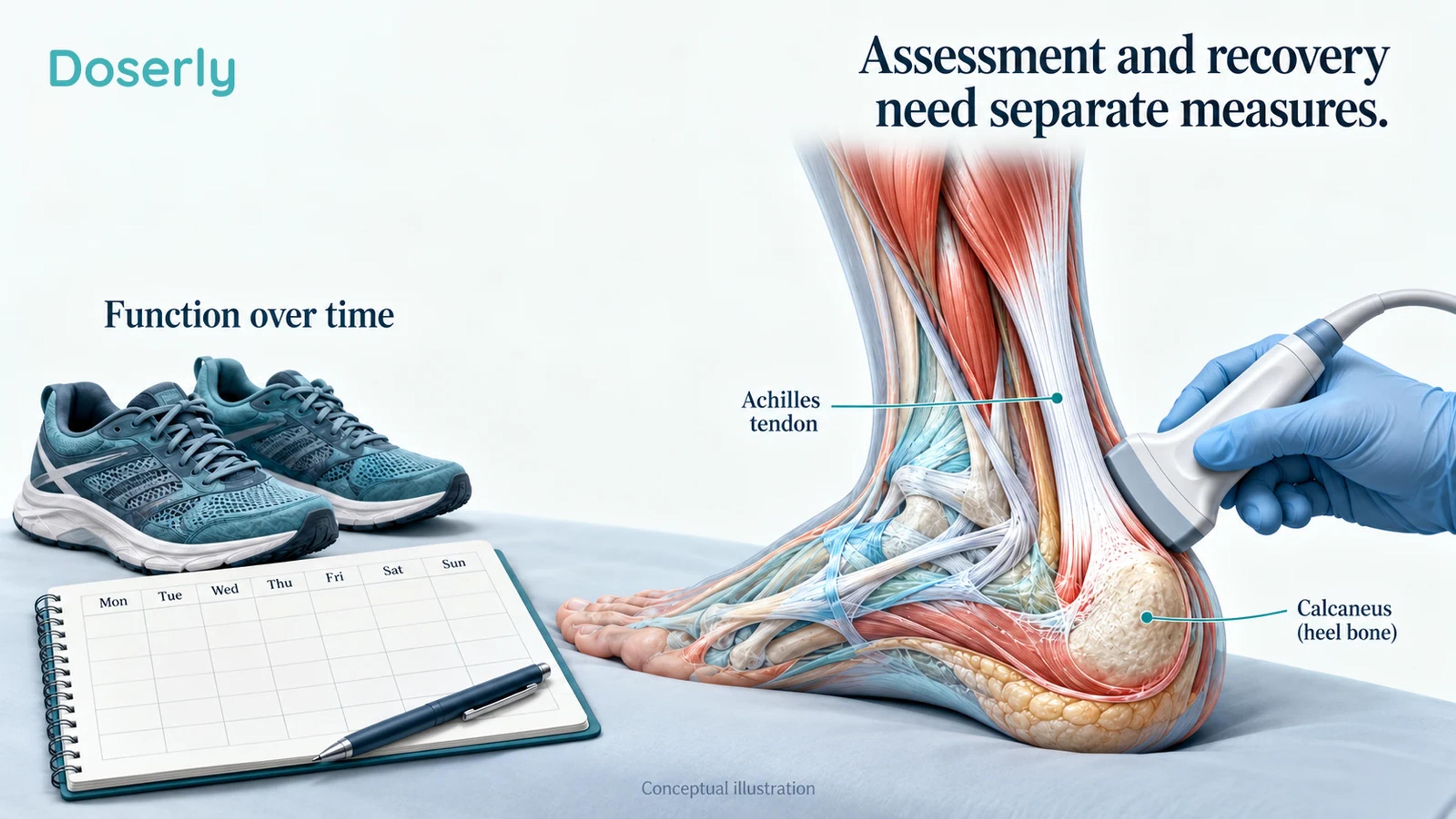 Detailed tendon examination beside an ultrasound transducer and a separate blank activity record.